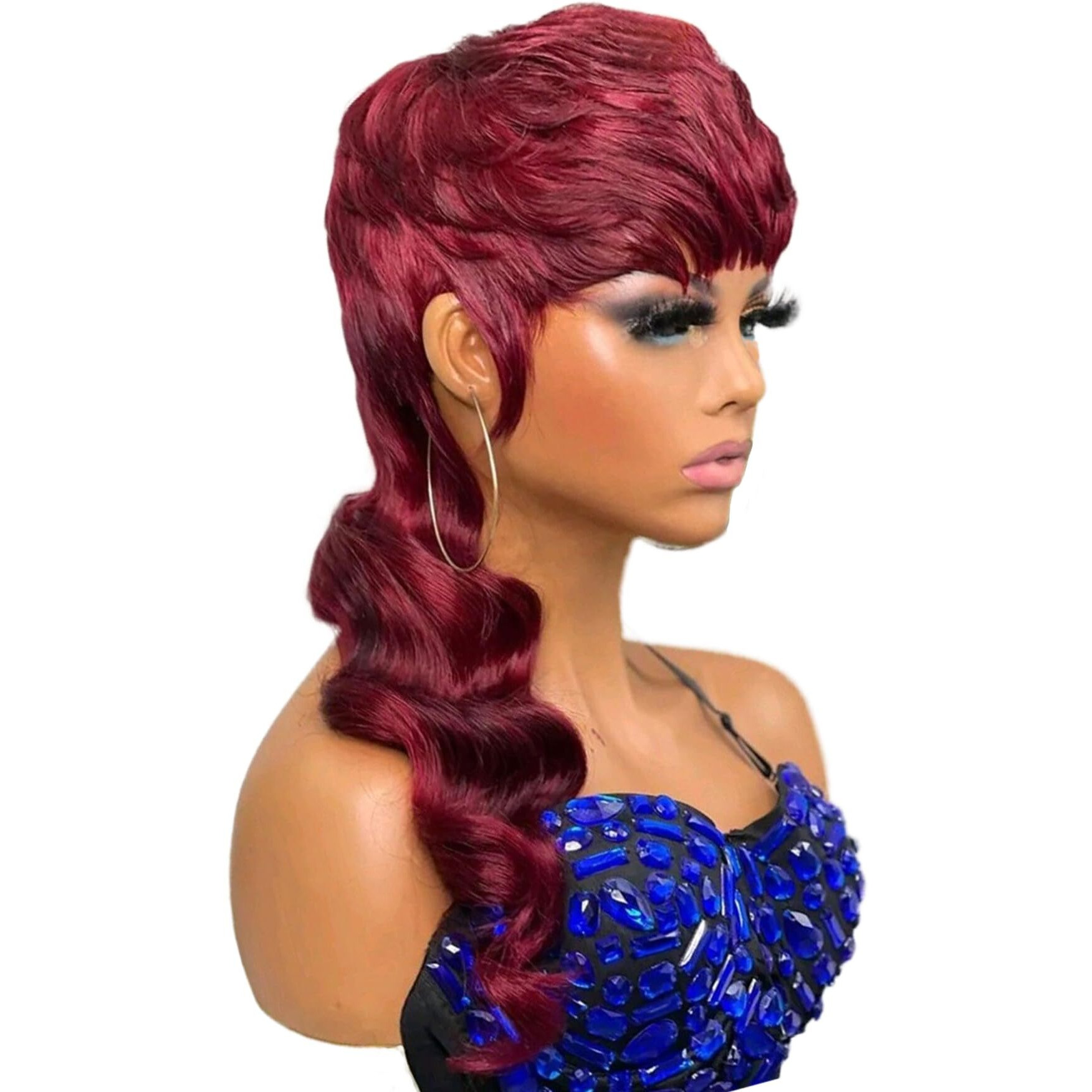 Saeiall Mullet Wig For Black Women Human Hair Pixie Cut Wig Long Body Wave Mullet None Lace Front Haircut Glueless Wigs Layered Haircut Wigs For Women (Burgundy, 18Inch)