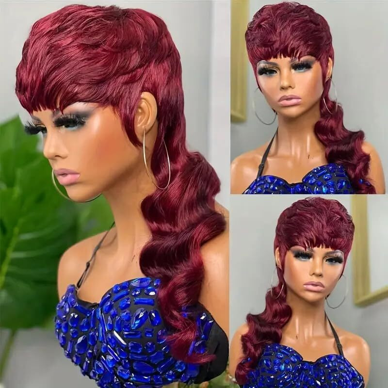 Saeiall Mullet Wig For Black Women Human Hair Pixie Cut Wig Long Body Wave Mullet None Lace Front Haircut Glueless Wigs Layered Haircut Wigs For Women (Burgundy, 18Inch)