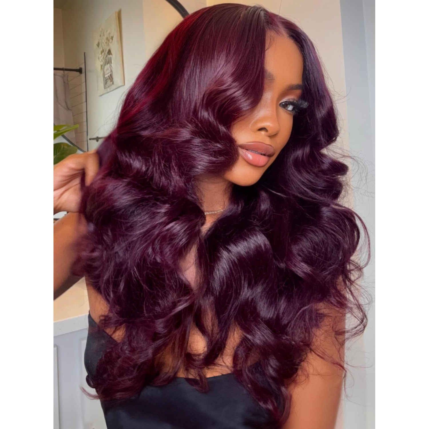 Beauty Forever Bye Bye Knots Black Cherry Loose Body Wave Glueless Wigs Human Hair Pre Plucked Pre Cut 7X5 Lace Front Drawstring Wig With Face Framing Layers Put On And Go Wig 180% Density 24Inch