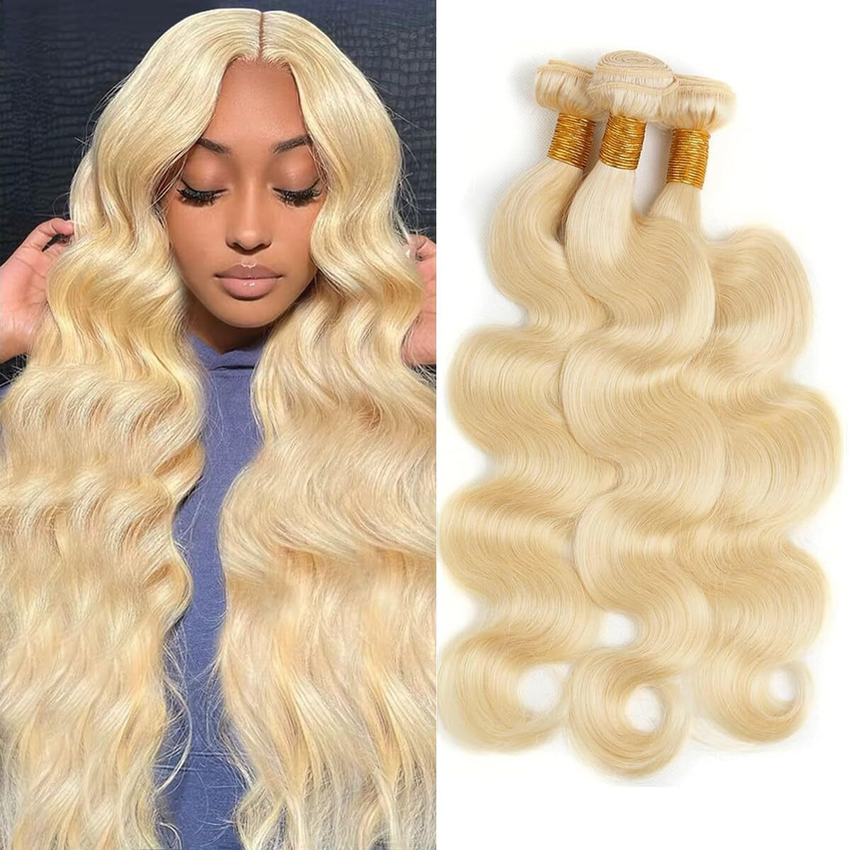 613 Bundles Blonde Human Hair Body Wave Bundles 16 18 20 Inch 100% Unprocessed 12A Grade Brazilian Virgin Hair Extensions For Women Double Weft Quick Weave Full And Thick No Tangle