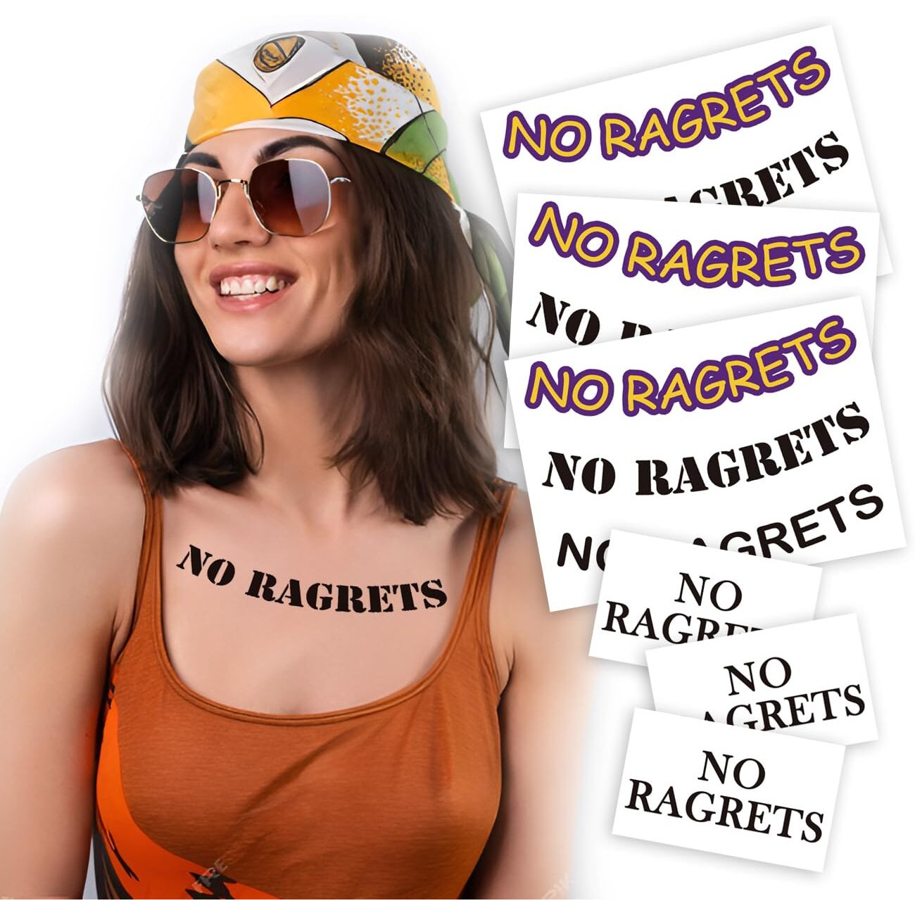 6 Sheets No Ragrets Temporary Tattoos - Funny Phrase Tattoo Stickers For Face, Arm, Body, And Hand