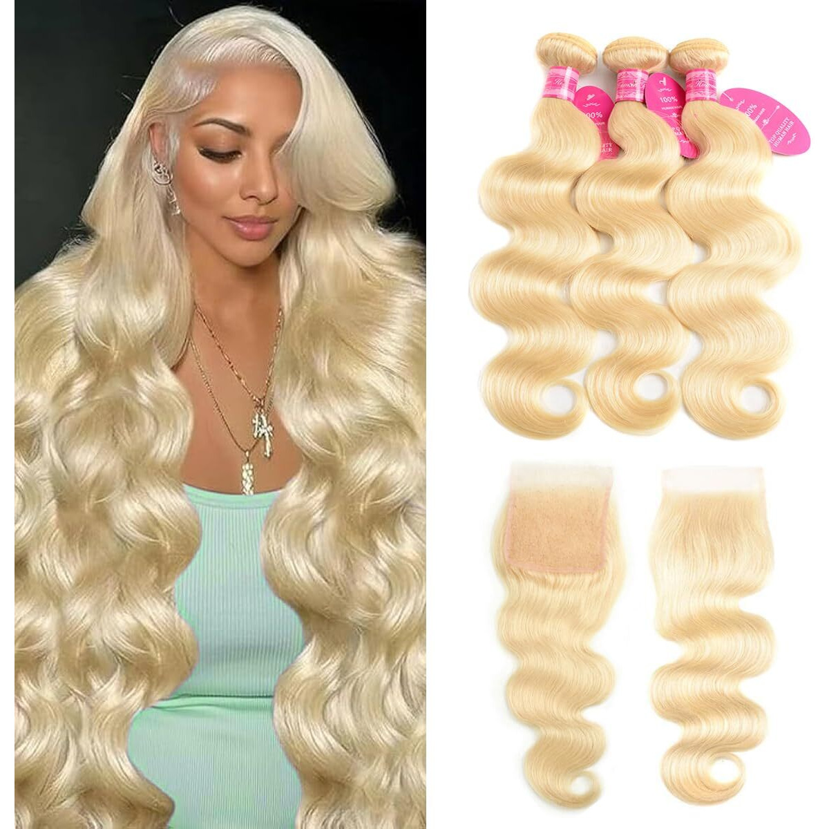 Blonde Human Hair Bundles Body Wave 613 Bundles With Closure (14 16 18+12 Inch) 100% Unprocessed 12A Grade Brazilian Virgin Remy Sew In Hair Extensions Silky And Soft No Tangle Multipurpose