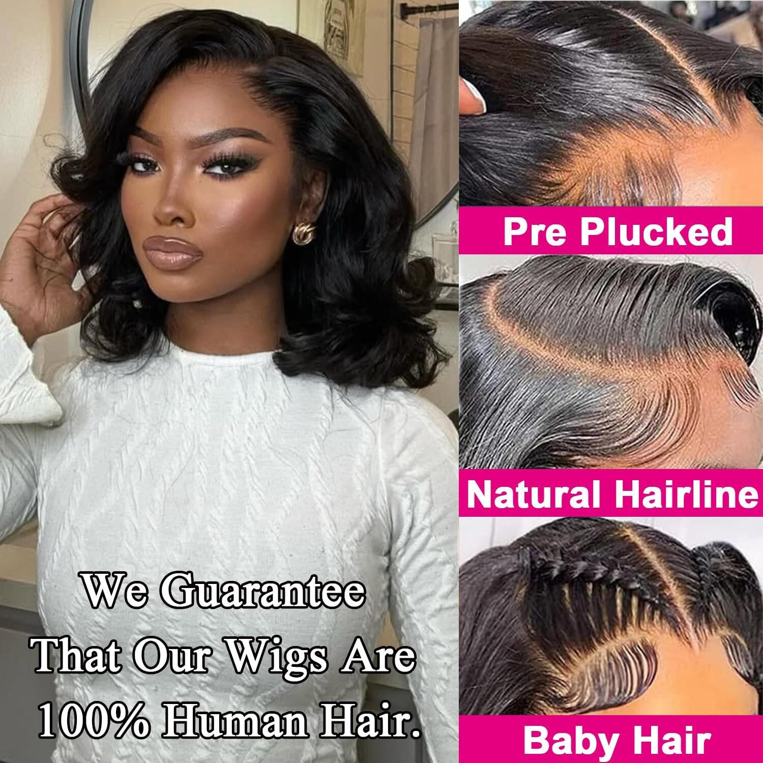 13X6 16Inch 230%Density Natural Black Bob Wig Human Hair, Body Wave Wig Human Hair, Short Bob Lace Front Wigs Human Hair, Bob Wigs For Black Women, Pre Plucked With Baby Hair Hd Transparent Lace