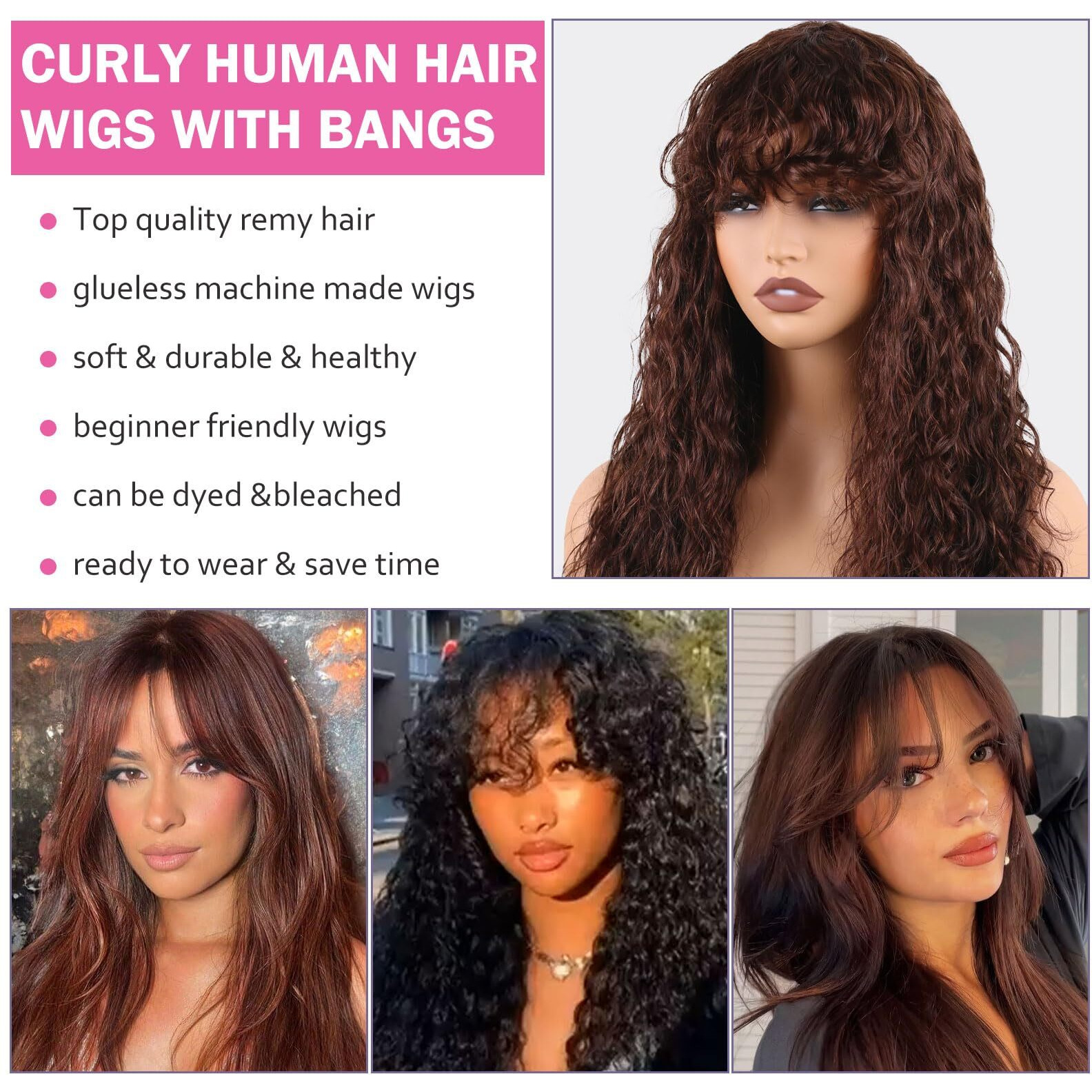 Manemajesty Body Wave Wigs With Bangs Human Hair Wig For Women None Lace Wear And Go Glueless Wet And Wavy Wig Natural Brown Machine Made Brazilian Human Hair Wigs 24 Inch
