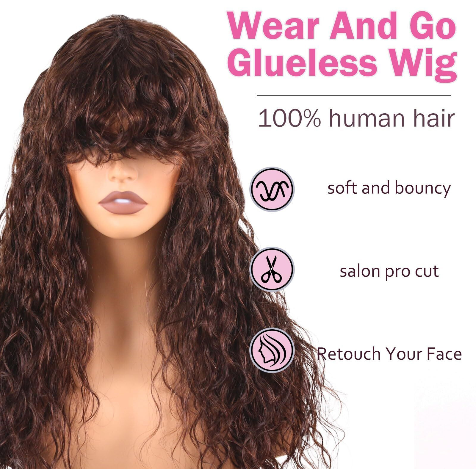 Manemajesty Body Wave Wigs With Bangs Human Hair Wig For Women None Lace Wear And Go Glueless Wet And Wavy Wig Natural Brown Machine Made Brazilian Human Hair Wigs 24 Inch