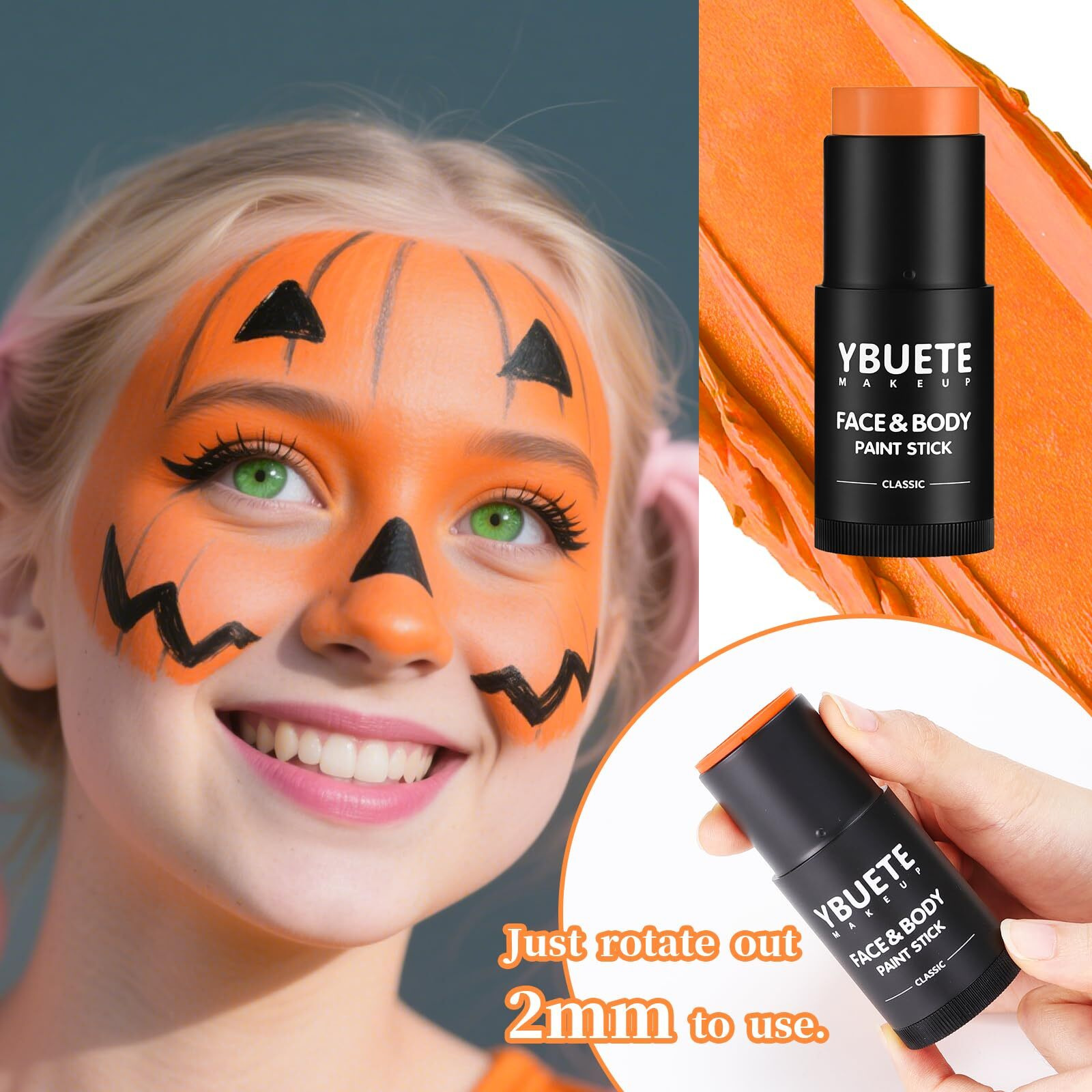 Ybuete Orange Face Body Painting Stick,Professional Orange Full-Coverage Cream Face Paint For Halloween Sfx Tiger Pumpkin Clown Cosplay, Washable Eye Stick For Adult Festival & Theater Performance