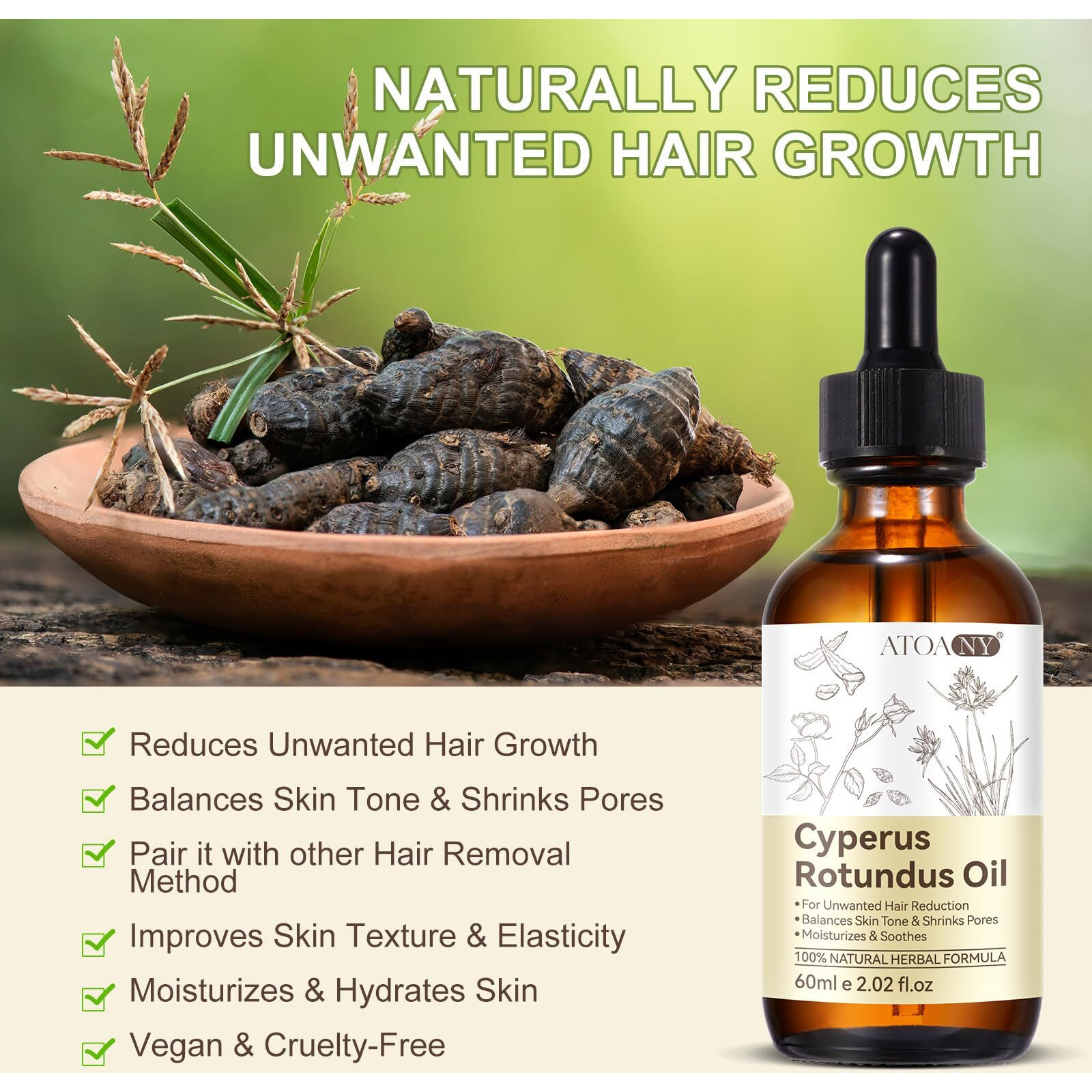 Cyperus Rotundus Oil, Natural Nut Grass Cyprus Oil For Reducing Body Hair Growth, Smooth Skin & Hairs Removal, Moisturizing & Soothing For All Skin Types, Hair Removal Solution - 2.02 Oz (1)