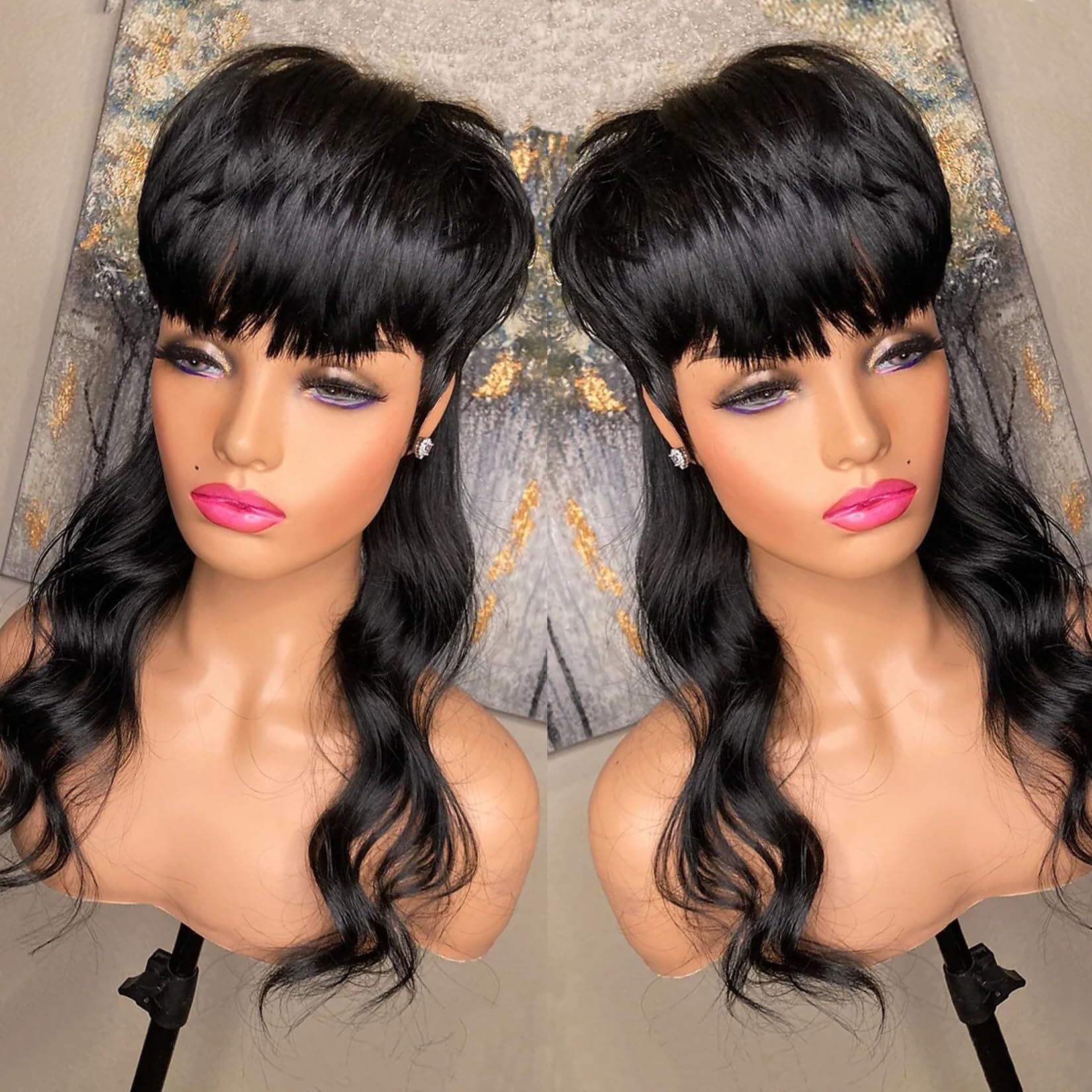 Saeiall Mullet Wig For Black Women Human Hair Pixie Cut Wig Long Body Wave Mullet None Lace Front Haircut Glueless Wigs Layered Haircut Wigs For Women (Black, 16Inch)
