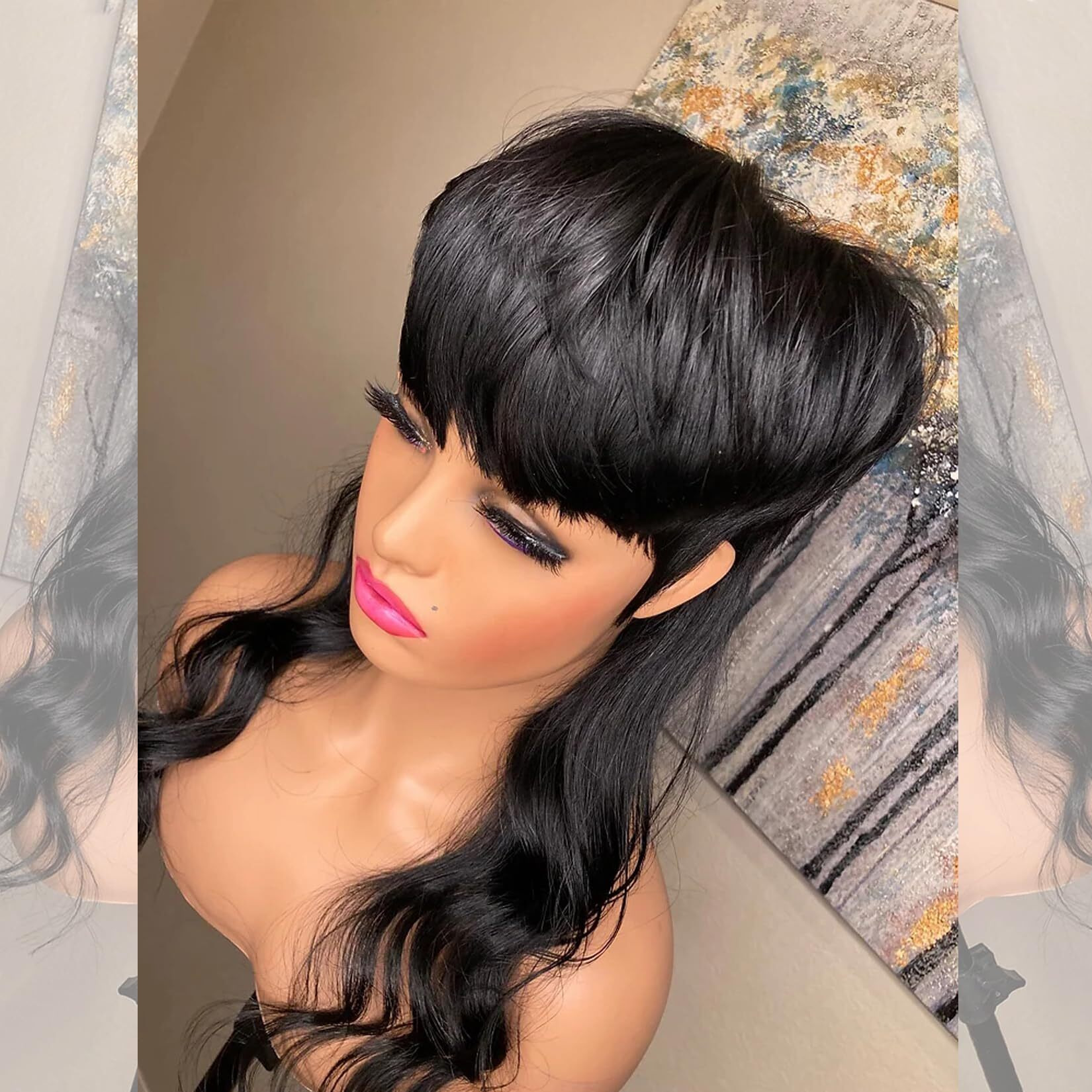 Saeiall Mullet Wig For Black Women Human Hair Pixie Cut Wig Long Body Wave Mullet None Lace Front Haircut Glueless Wigs Layered Haircut Wigs For Women (Black, 16Inch)