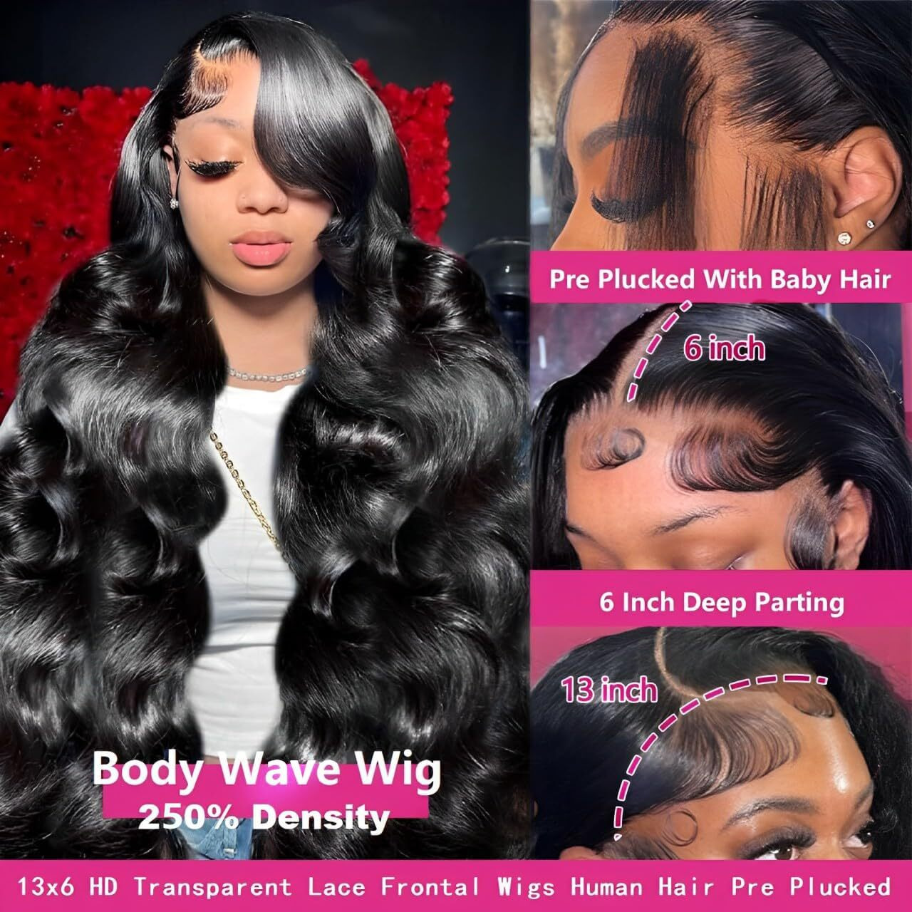 Sterly 18 Inch 13X6 Lace Front Wigs Human Hair 250% Density Hd Body Wave Lace Front Wigs Human Hair Pre Plucked Wigs Human Hair For Women Gluless Wigs With Baby Hair 1 Jet Black