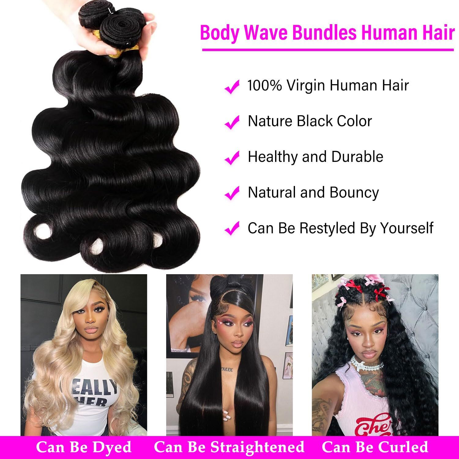 12A Human Hair Bundles 16 18 20 Inch Body Wave 3 Bundles Human Hair 100% Unprocessed Brazilian Virgin Hair Bundles Deals Quick Weave Hair Extension Natural Black