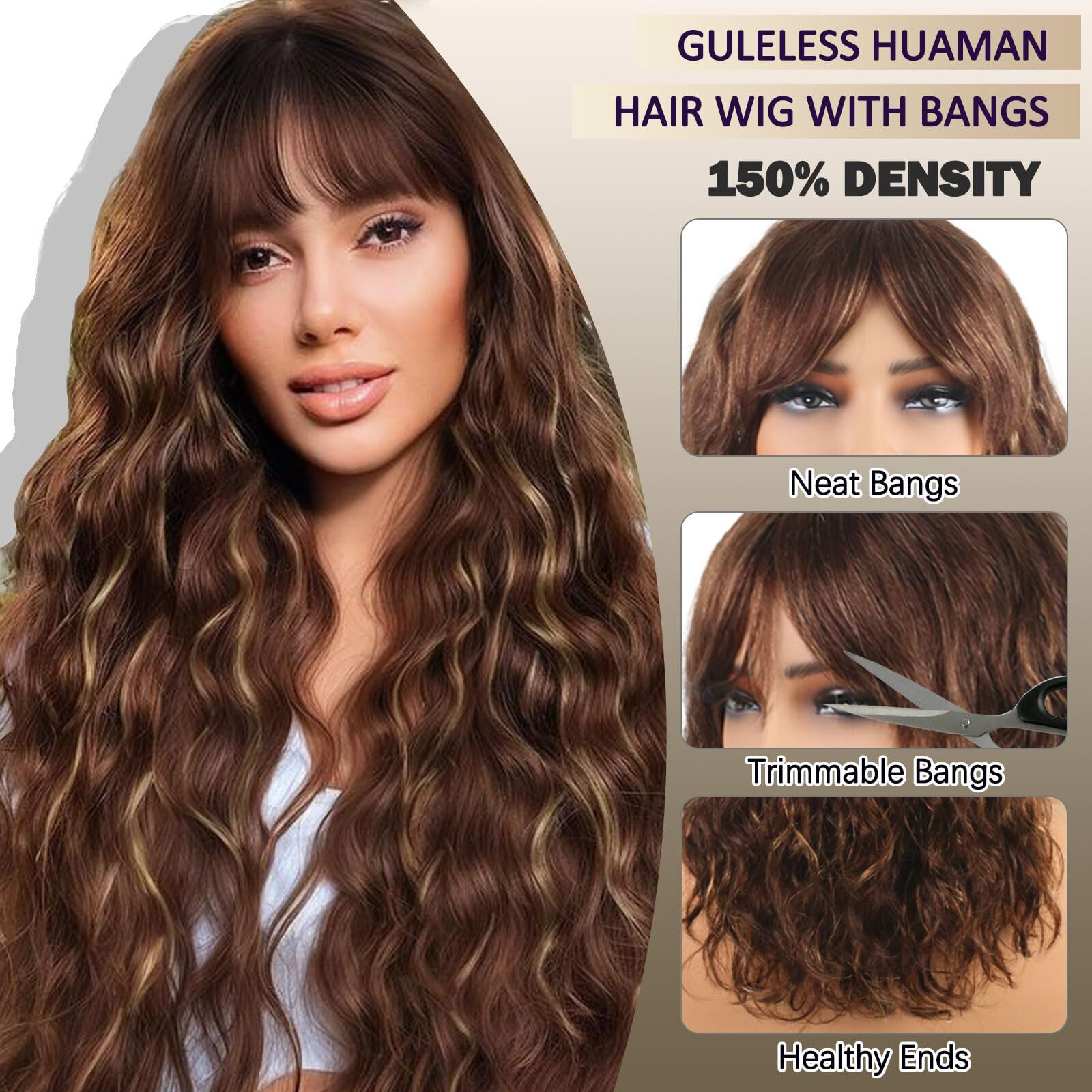 Body Wave Wigs With Bangs Human Hair Wig For Black Women Ombre None Lace Wear And Go Glueless Wig 150% Density Brown Highlight Machine Made Brazilian Virgin Human Hair Wigs(20 Inch,Fs4/27)