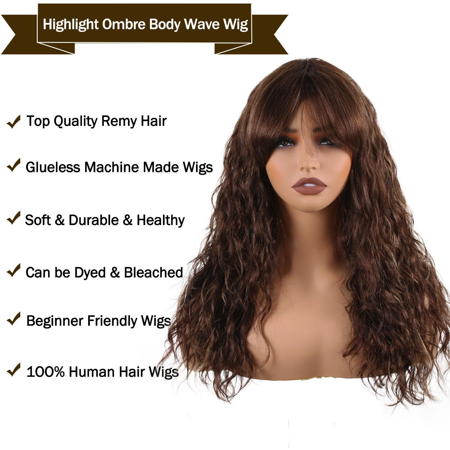 Body Wave Wigs With Bangs Human Hair Wig For Black Women Ombre None Lace Wear And Go Glueless Wig 150% Density Brown Highlight Machine Made Brazilian Virgin Human Hair Wigs(20 Inch,Fs4/27)