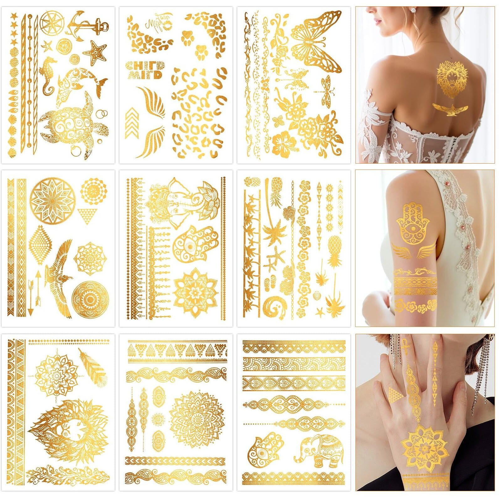 Konsait 9 Sheets Metallic Gold Temporary Tattoos For Women & Girls - Elegant Lion, Turtle, Floral, Butterfly & Elephant Designs For Parties, Cosplay, Festivals, Face & Body Art