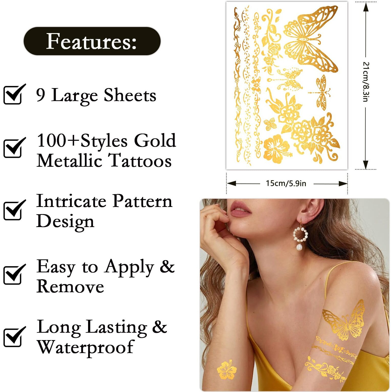 Konsait 9 Sheets Metallic Gold Temporary Tattoos For Women & Girls - Elegant Lion, Turtle, Floral, Butterfly & Elephant Designs For Parties, Cosplay, Festivals, Face & Body Art