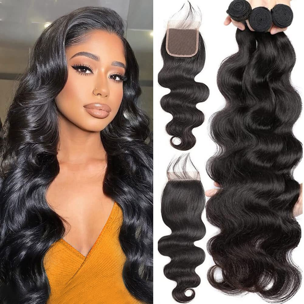 Bundles With Human Hair (18 20 20+18 Middle Part Lace Closure) Body Wave 150% Density 10A Unprocessed Brazilian Virgin Hair Pre Plucked With Baby Hair