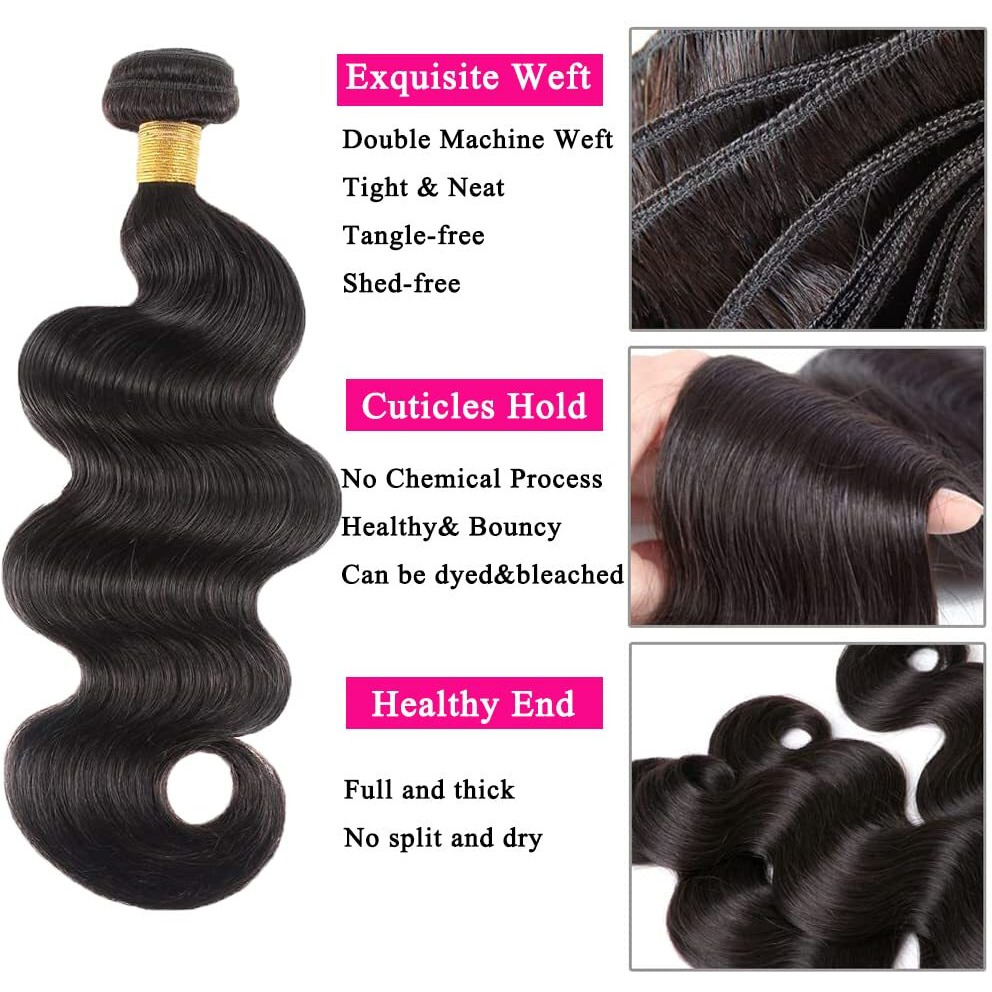 Bundles With Human Hair (18 20 20+18 Middle Part Lace Closure) Body Wave 150% Density 10A Unprocessed Brazilian Virgin Hair Pre Plucked With Baby Hair