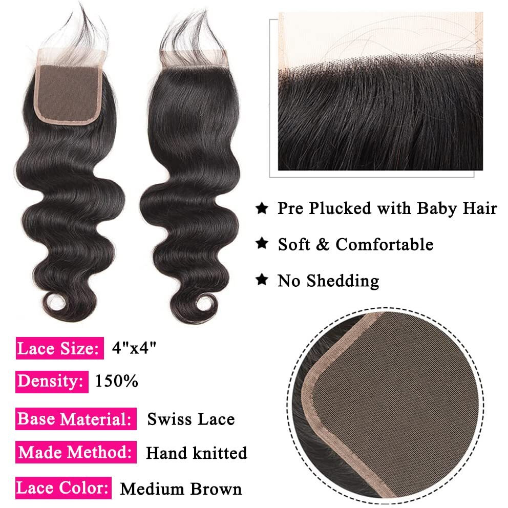 Bundles With Human Hair (18 20 20+18 Middle Part Lace Closure) Body Wave 150% Density 10A Unprocessed Brazilian Virgin Hair Pre Plucked With Baby Hair