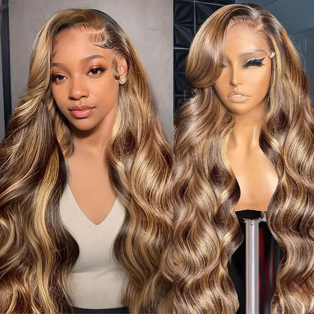 Honey Blonde Ombre Lace Front Wig Human Hair Body Wave Lace Front Wigs Human Hair Highlight Hd Lace Frontal Wigs Human Hair For Women Pre Plucked With Baby Hair 180% Density 24 Inch