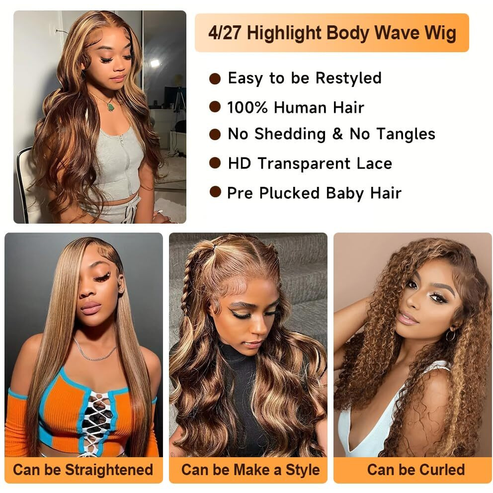 Honey Blonde Ombre Lace Front Wig Human Hair Body Wave Lace Front Wigs Human Hair Highlight Hd Lace Frontal Wigs Human Hair For Women Pre Plucked With Baby Hair 180% Density 24 Inch
