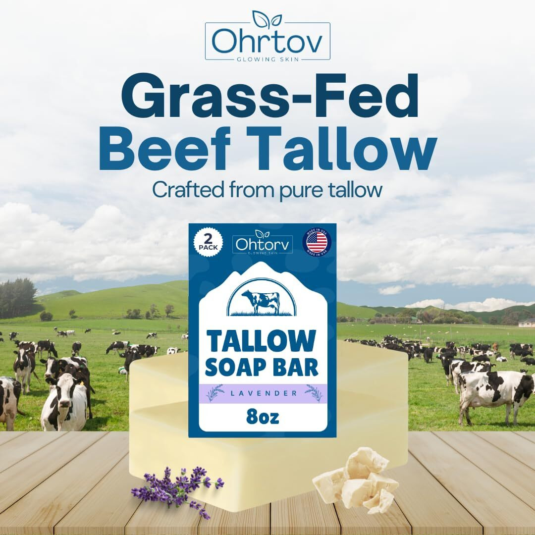 Beef Tallow Soap Bar - All Natural Grass Fed Tallow Soap Lavender - Moisturizing Face & Body Wash Great For Eczema, Dry, Itchy, Sensitive Skin - Handcrafted Bath Soap For Adults, Kids, Made In Usa