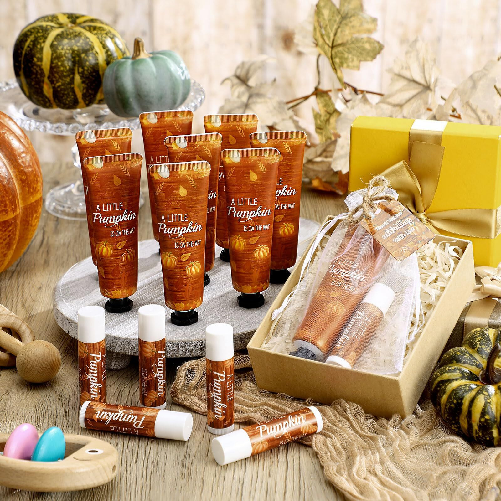 Dansib 24 Sets Hand Cream And Lip Balm Gift Bridal Baby Shower Party Supply Travel Size Hand Lotion And Lip Balm Bulk With Organza Bag And Tag Wedding Baby Shower Party(Pumpkin,Pumpkin)