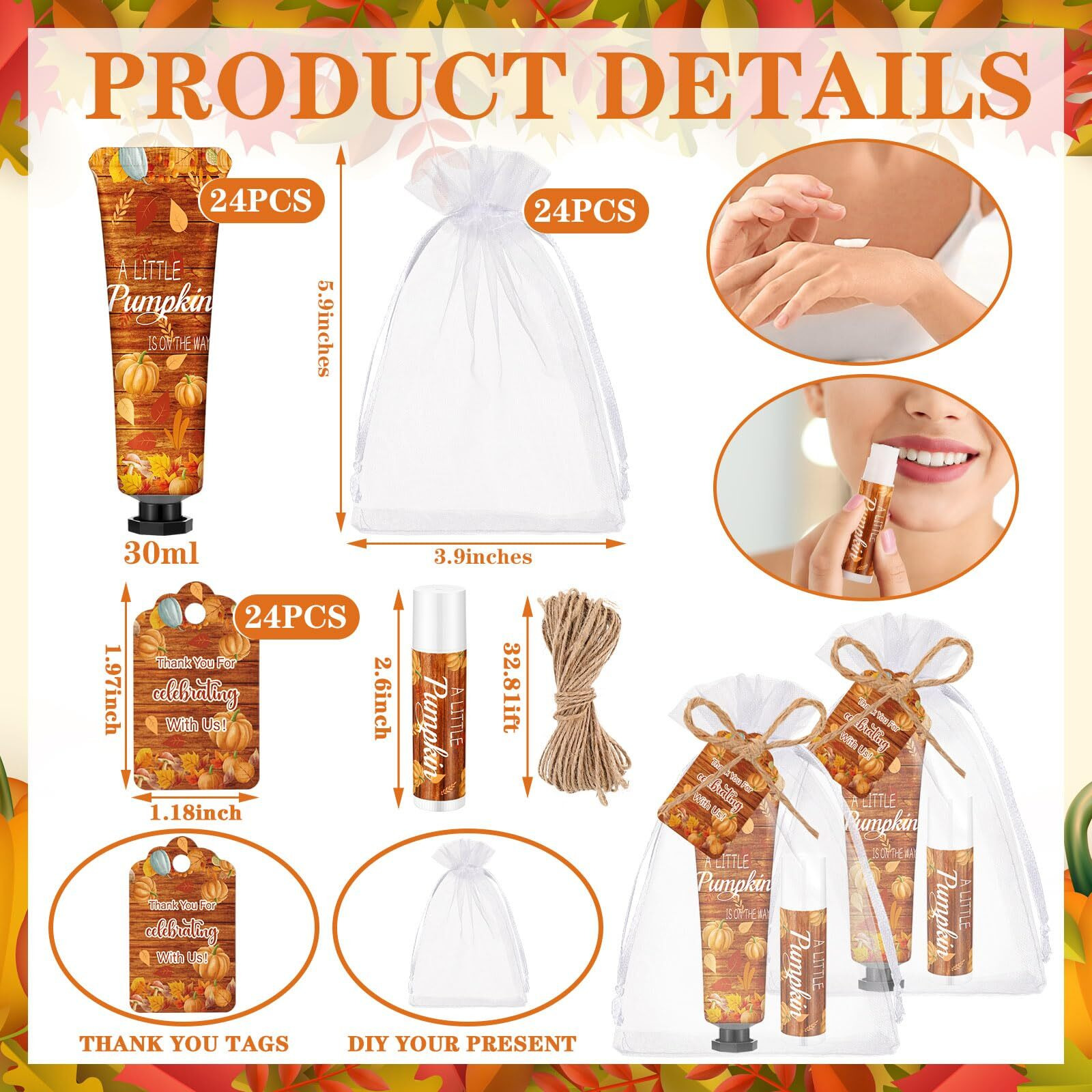 Dansib 24 Sets Hand Cream And Lip Balm Gift Bridal Baby Shower Party Supply Travel Size Hand Lotion And Lip Balm Bulk With Organza Bag And Tag Wedding Baby Shower Party(Pumpkin,Pumpkin)