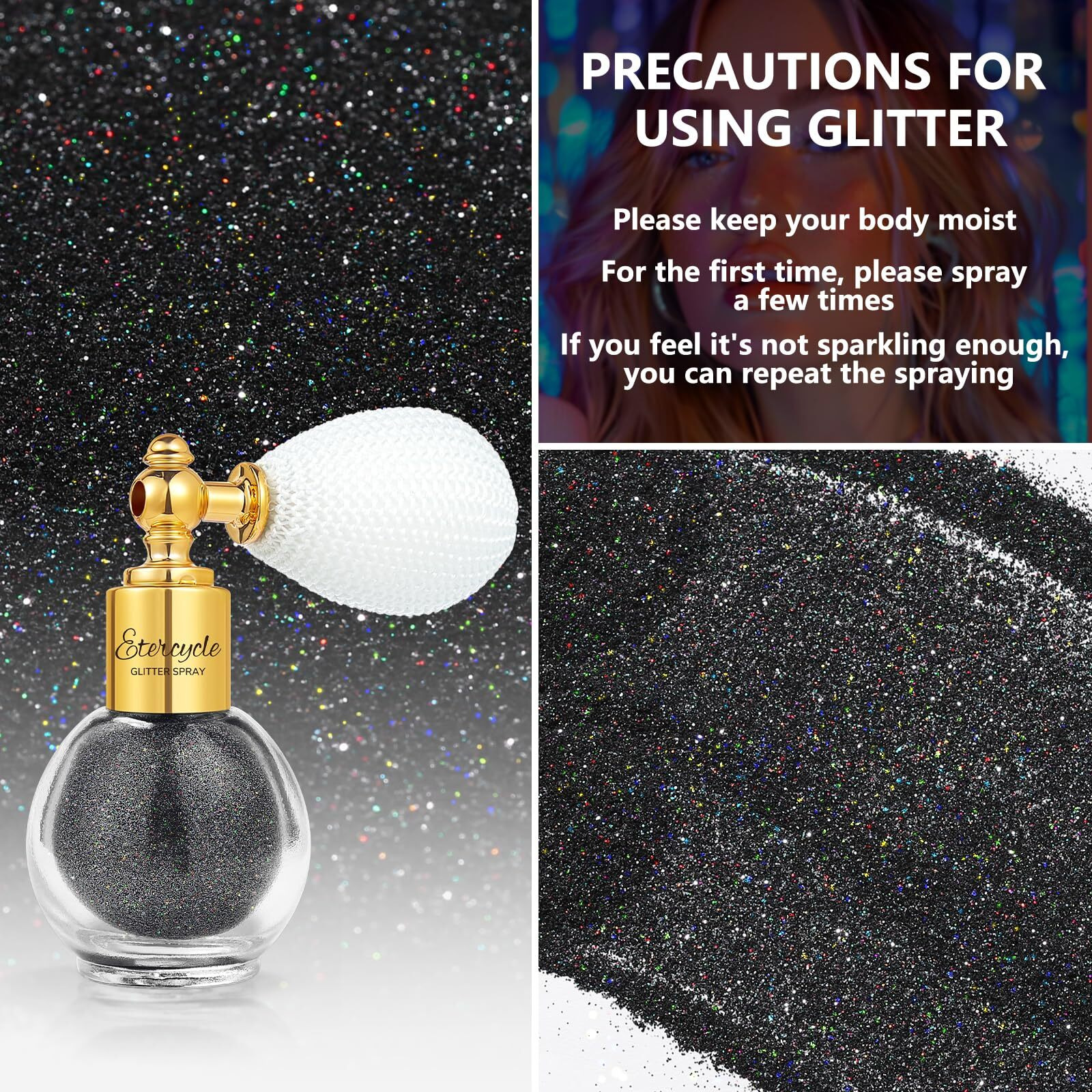 Etercycle Black Body Glitter, Hair Glitter Spray Fine Face Shimmer Powder, Longwear And Quick Drying Body Glitter Sparkly Glitter Gifts For Rave Clothes Nail Art Easter Christmas Halloween Crafts