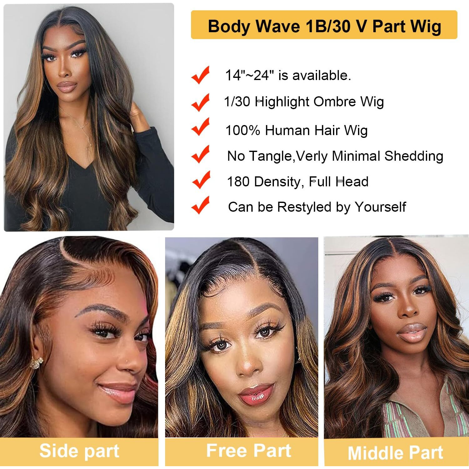 Draconenee V Part Wigs Human Hair Body Wave 1B/30 Highlight Ombre Wigs For Black Women Wear And Go Glueless Human Hair Wig Upgrade U Part Wig No Sew In No Glue Beginner Friendly 180% Density 14 Inch