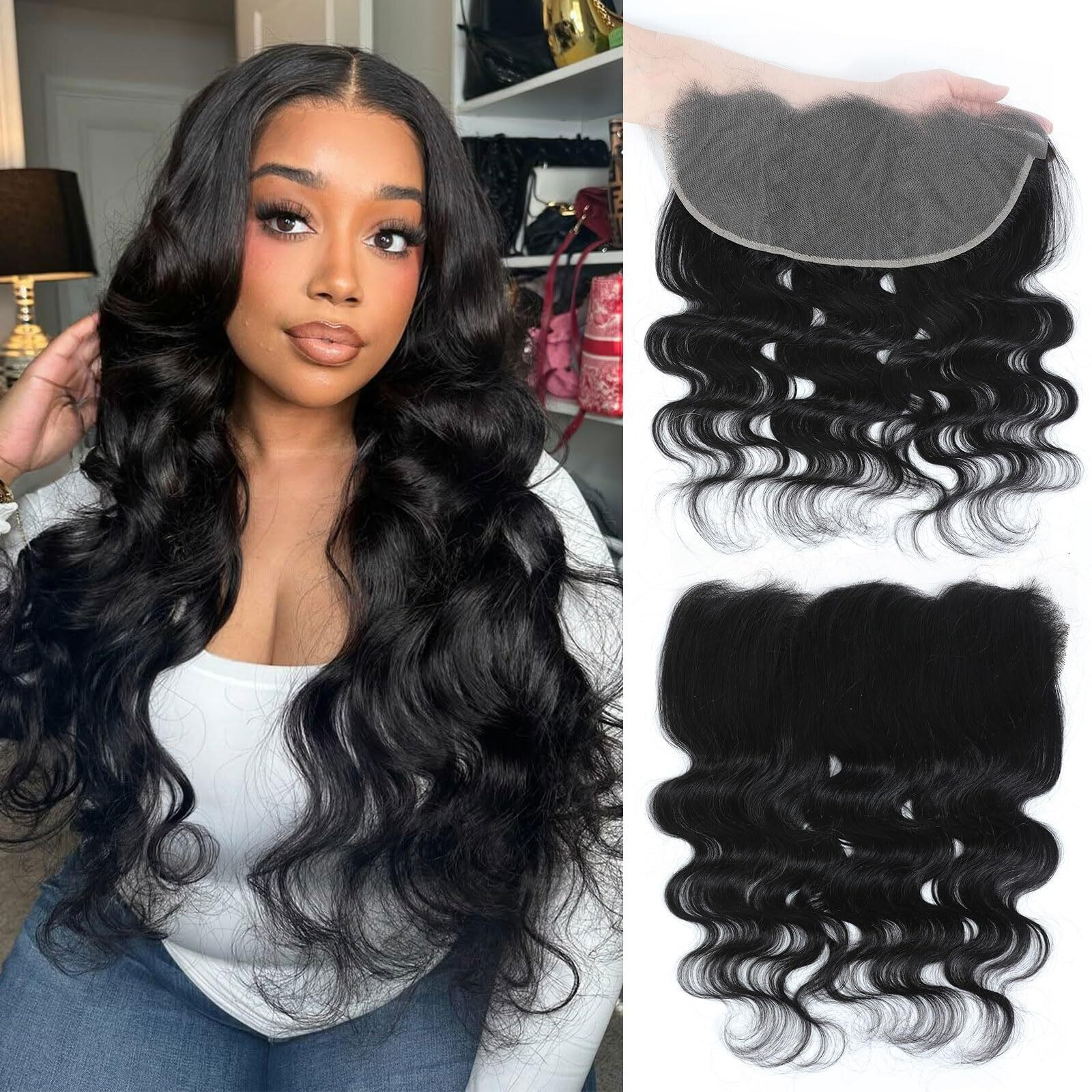 Dsekcain Hd Frontal 13X6 Lace Frontal Hd Lace Body Wave 20 Inch Transparent 13X6 Closure 100% Real Human Hair Ear To Ear Big Space Long Departing Free Part Natural Black 1B Color