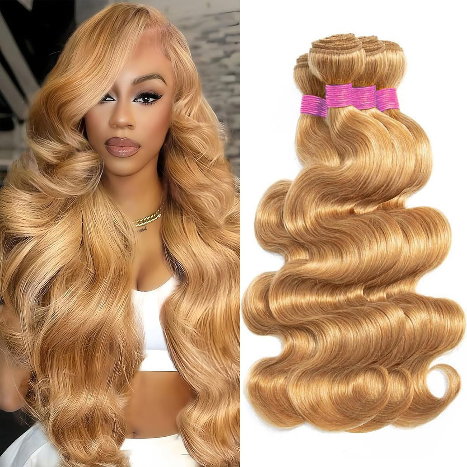 Vallbest Honey Blonde Bundles Human Hair 27 Body Wave Bundles 24 26 28 30 Inch 4 Bundles 100% Unprocessed Brazilian Virgin Hair 12A Virgin Raw Remy Weave Human Hair Extensions For Women