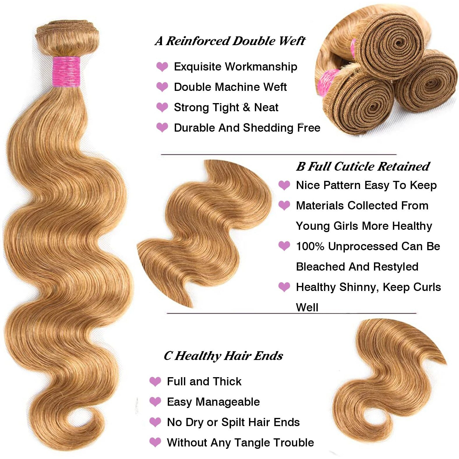 Vallbest Honey Blonde Bundles Human Hair 27 Body Wave Bundles 24 26 28 30 Inch 4 Bundles 100% Unprocessed Brazilian Virgin Hair 12A Virgin Raw Remy Weave Human Hair Extensions For Women