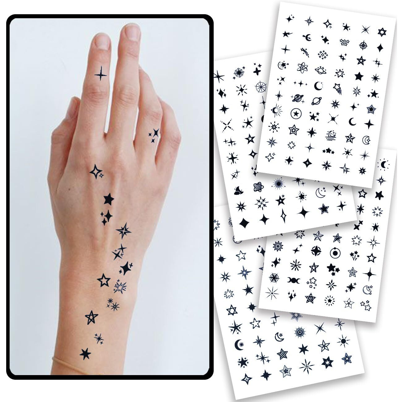 Charlnet Stars Semi-Permanent Tattoos For Adult - 2 Weeks Long Last Small Fake Tattoos For Women Men Face Finger Neck Body/Fades Naturally/No Reflection/Waterproof/Realistic