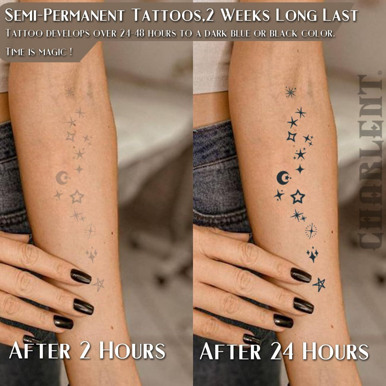 Charlnet Stars Semi-Permanent Tattoos For Adult - 2 Weeks Long Last Small Fake Tattoos For Women Men Face Finger Neck Body/Fades Naturally/No Reflection/Waterproof/Realistic