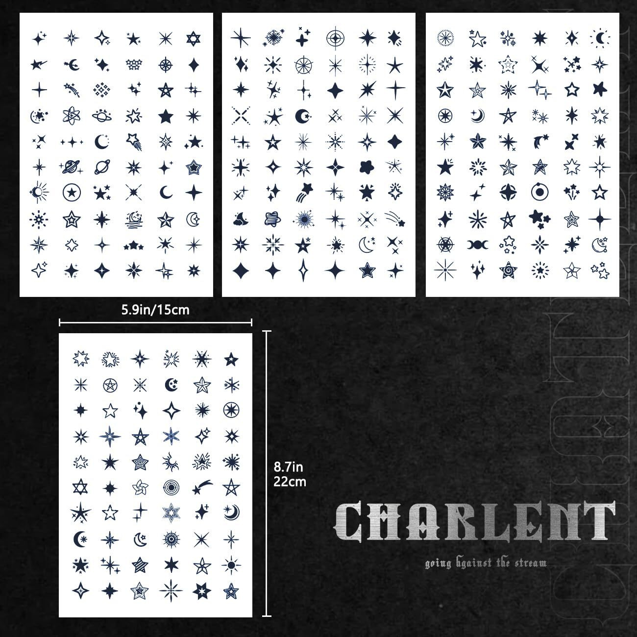 Charlnet Stars Semi-Permanent Tattoos For Adult - 2 Weeks Long Last Small Fake Tattoos For Women Men Face Finger Neck Body/Fades Naturally/No Reflection/Waterproof/Realistic