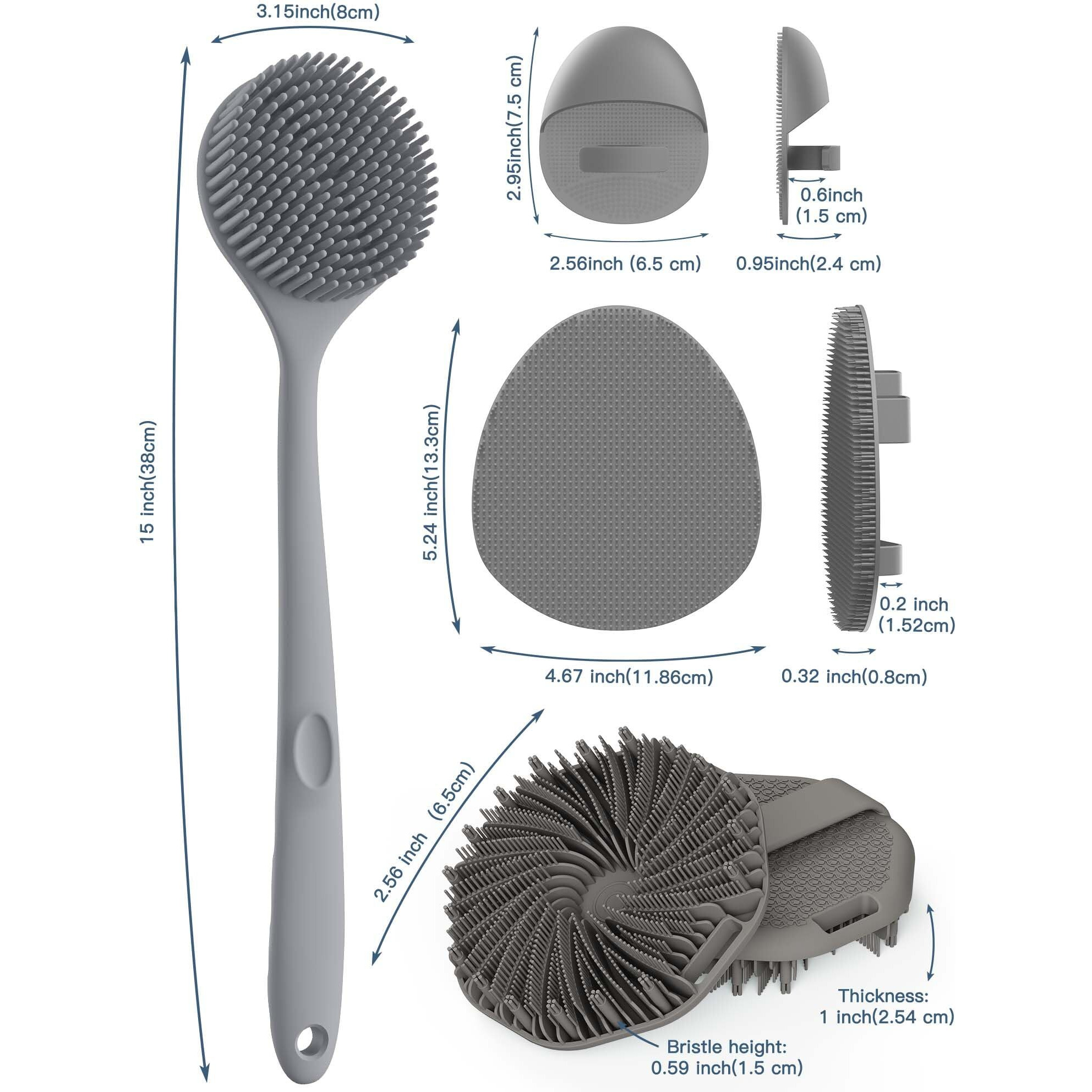 Manmihealth Silicone Back Scrubber & Soft Bath Glove, Silicone Scalp Massager Set 5 Pcs, Super-Exfoliating Body Scrubber Shower Brush & Shampoo Brush Combination, With 2 Free Hooks (Style 1 Gray)