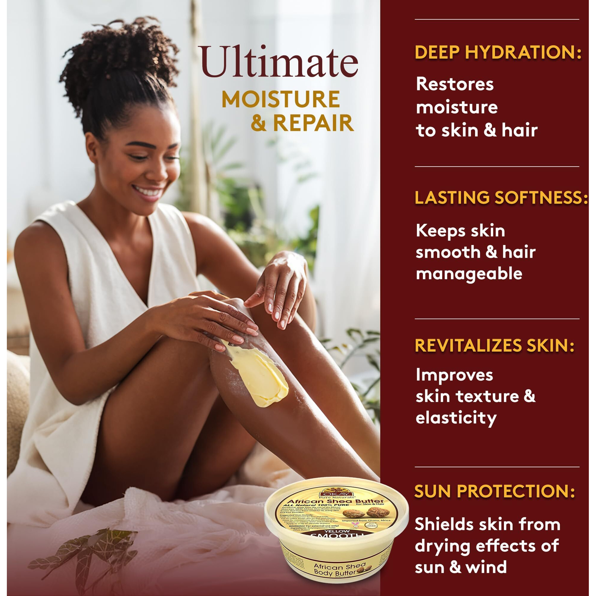 Okay Yellow Shea Butter For Hair And Skin - Raw African Shea Butter For Women And Men, Daily Moisturizer For Face And Body, Helps With Stretch Marks, Soothes Dryness - 7.5 Oz Jar (Pack Of 2)