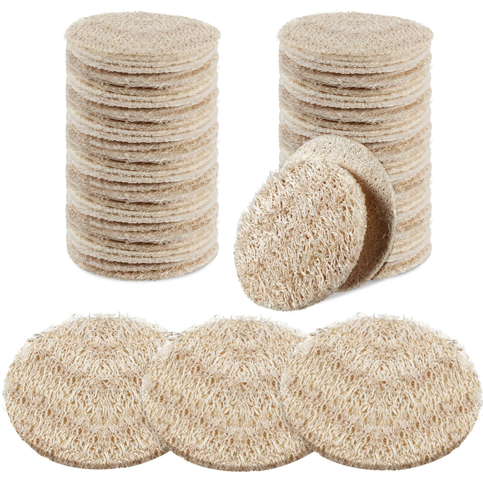 Bokon 50 Pcs Face Exfoliating Loofah Pad Scrubber 2.36 Inches Round Natural Sponge Body Scrubber Remove Dead Skin Facial Pad Bulk For Bath Shower Spa Skin Scrub Cleaning Women Men