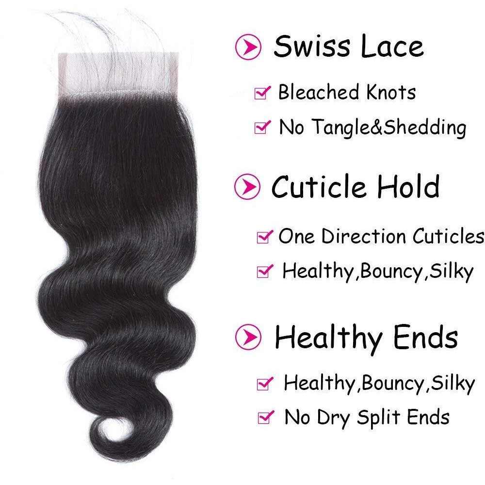 Dms Body Wave Human Hair Lace Closure 4X4 Free Part Swiss Lace Closure 12A Brazilian Virgin Hair Top (12 Inch)