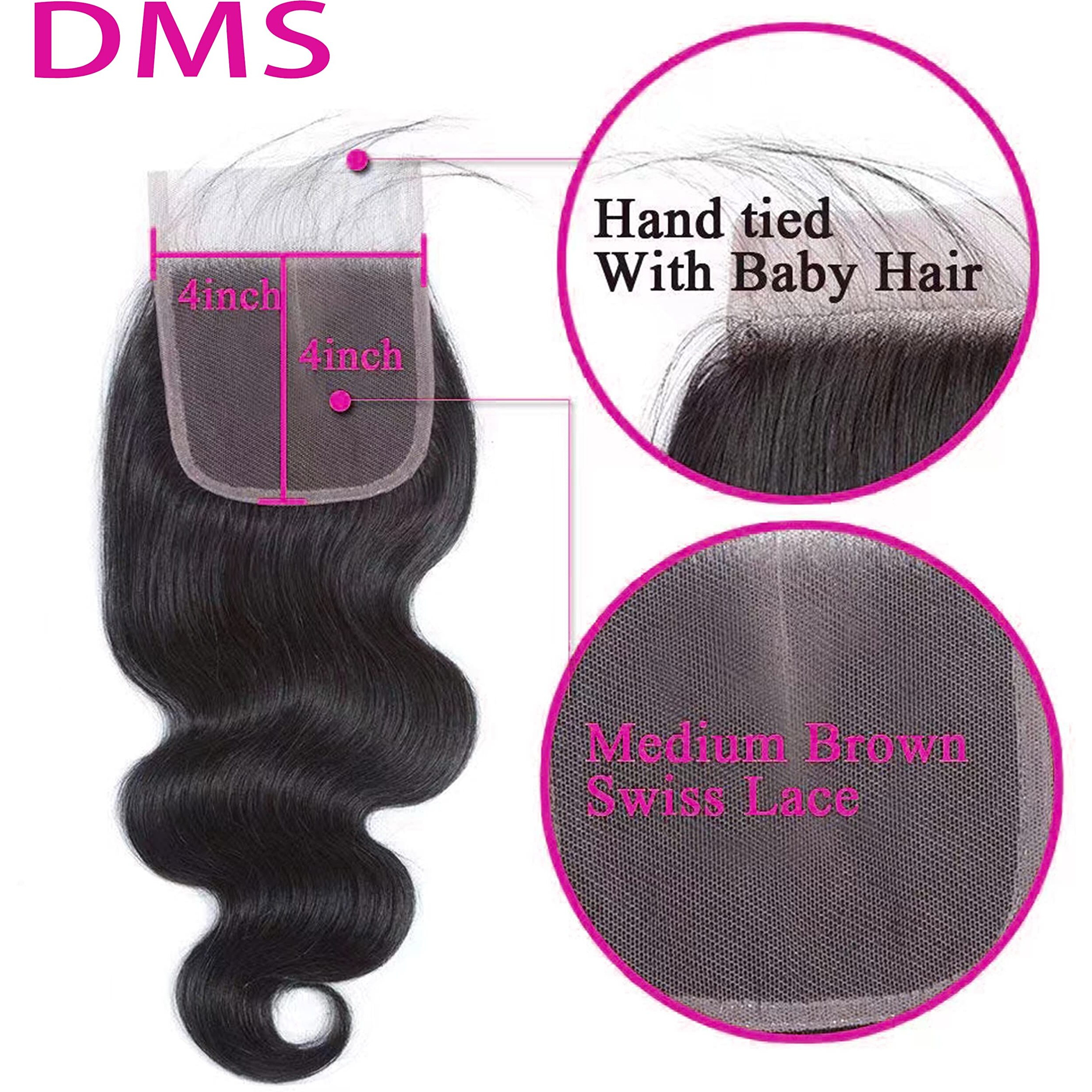 Dms Body Wave Human Hair Lace Closure 4X4 Free Part Swiss Lace Closure 12A Brazilian Virgin Hair Top (12 Inch)