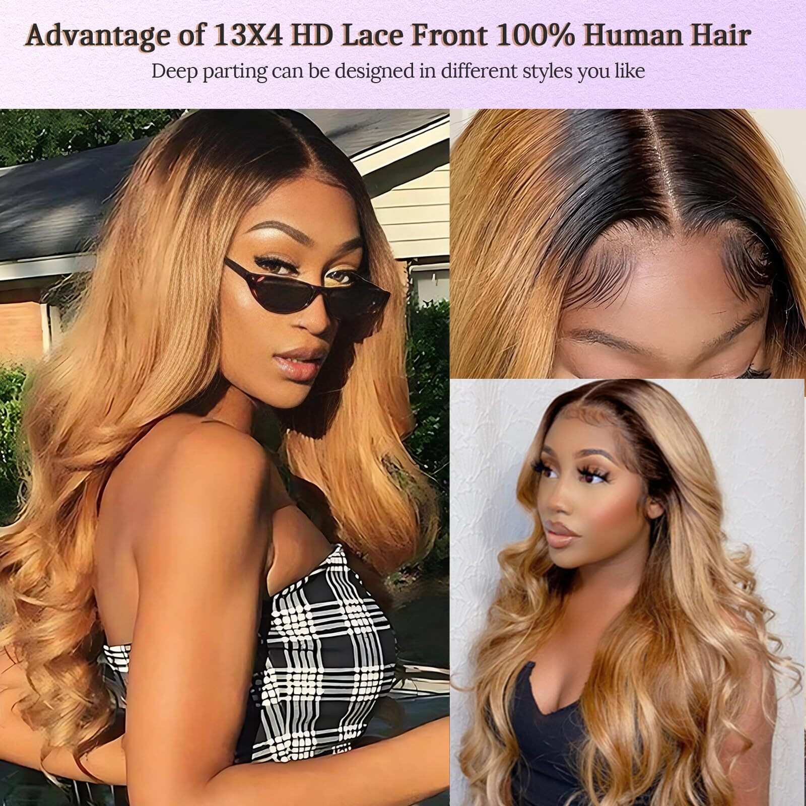 Belaved Ombre Lace Front Wigs Human Hair Honey Blonde With Black Roots 13X4 Hd Transparent Body Wave 1B/27 Wig Human Hair Pre Plucked Hd Frontal 180 Density Glueless 34Inch