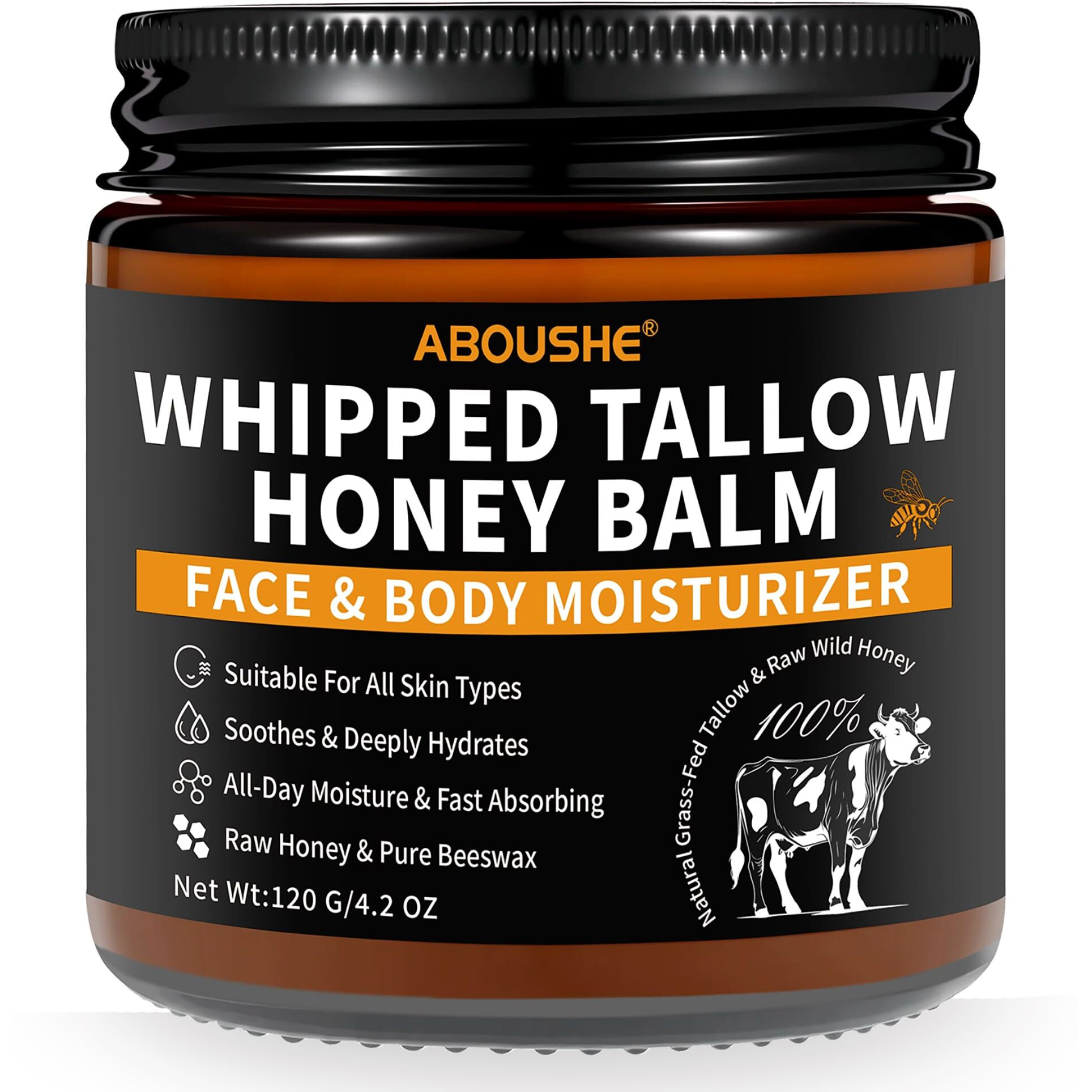 Beef Tallow For Skin - Organic Grass-Fed Whipped Beef Tallow And Honey Balm With Wild Honey & Beeswax, Beef Tallow For Face & Body Moisturizer, Natural Lotion For Sensitive And Dry Skin 4.2 Oz