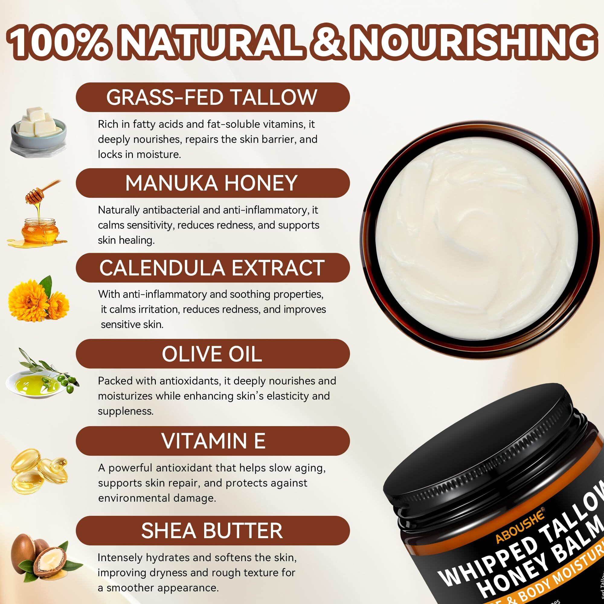 Beef Tallow For Skin - Organic Grass-Fed Whipped Beef Tallow And Honey Balm With Wild Honey & Beeswax, Beef Tallow For Face & Body Moisturizer, Natural Lotion For Sensitive And Dry Skin 4.2 Oz