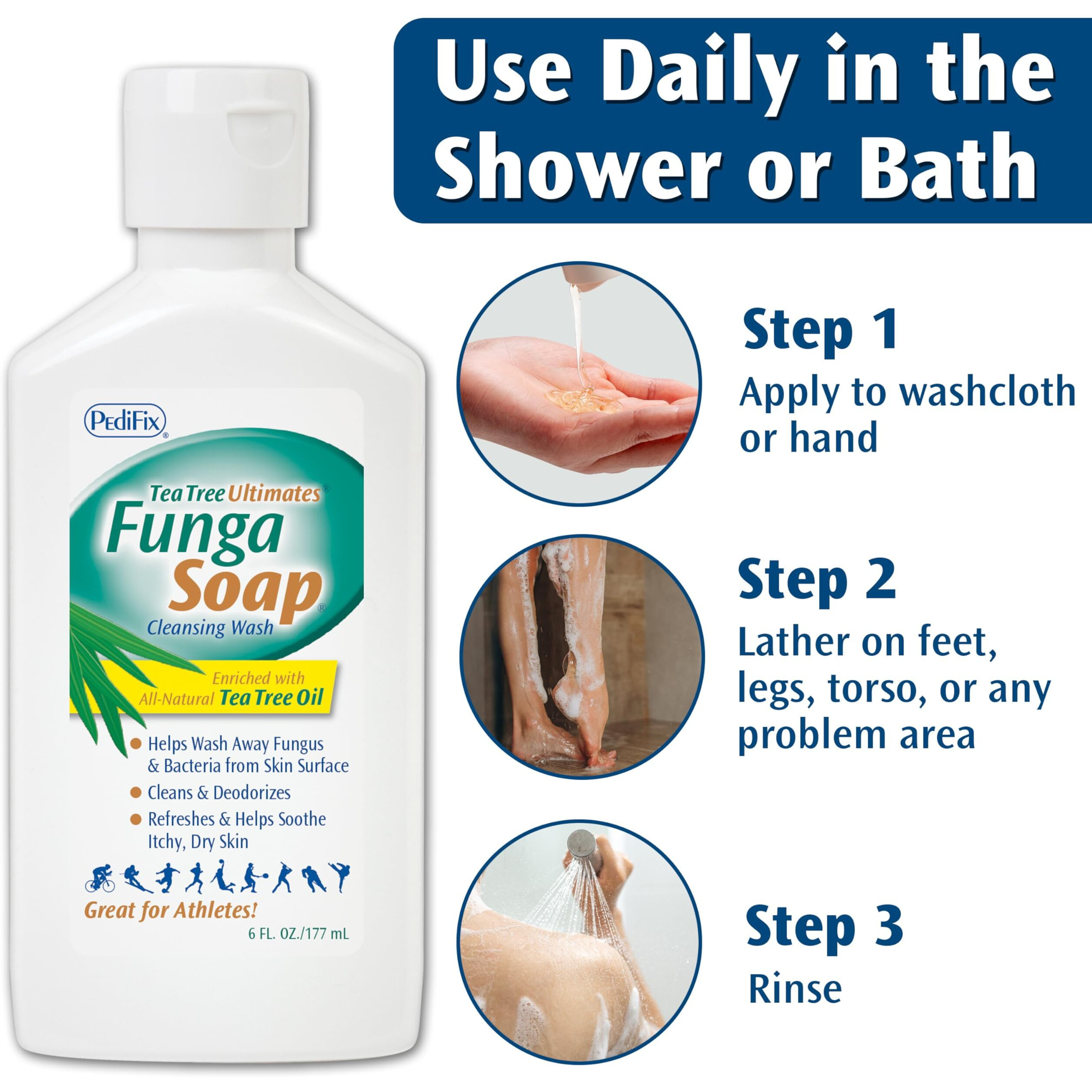 Pedifix Fungasoap Tea Tree Cleansing Wash - Antifungal Body Wash & Foot Soap - All-Natural Tea Tree Oil Cleanser For Athletes Foot, Ringworm, Jock Itch, Body Odor & Fungus - 6 Fl. Oz