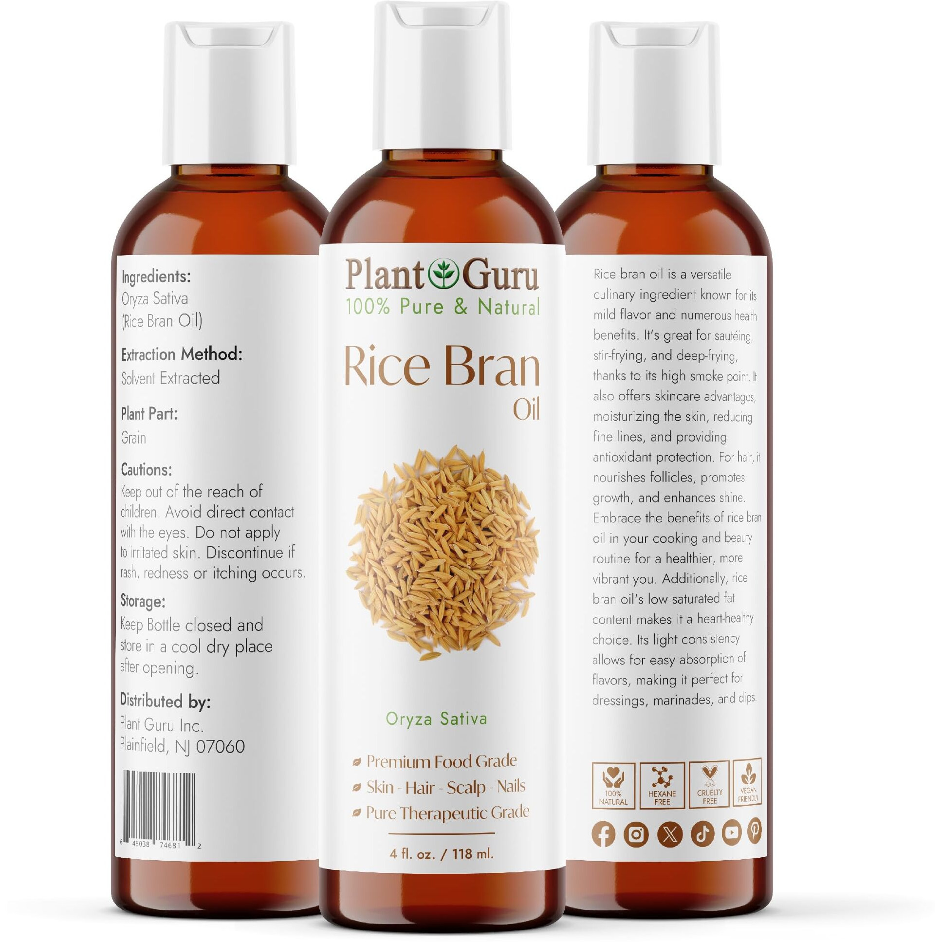 Rice Bran Oil 4 Fl. Oz. - 100% Pure & Natural Carrier Oil For Skin, Face, Body, And Hair Moisturizing. Great For Diy Creams, Lotions, And Lip Balms.