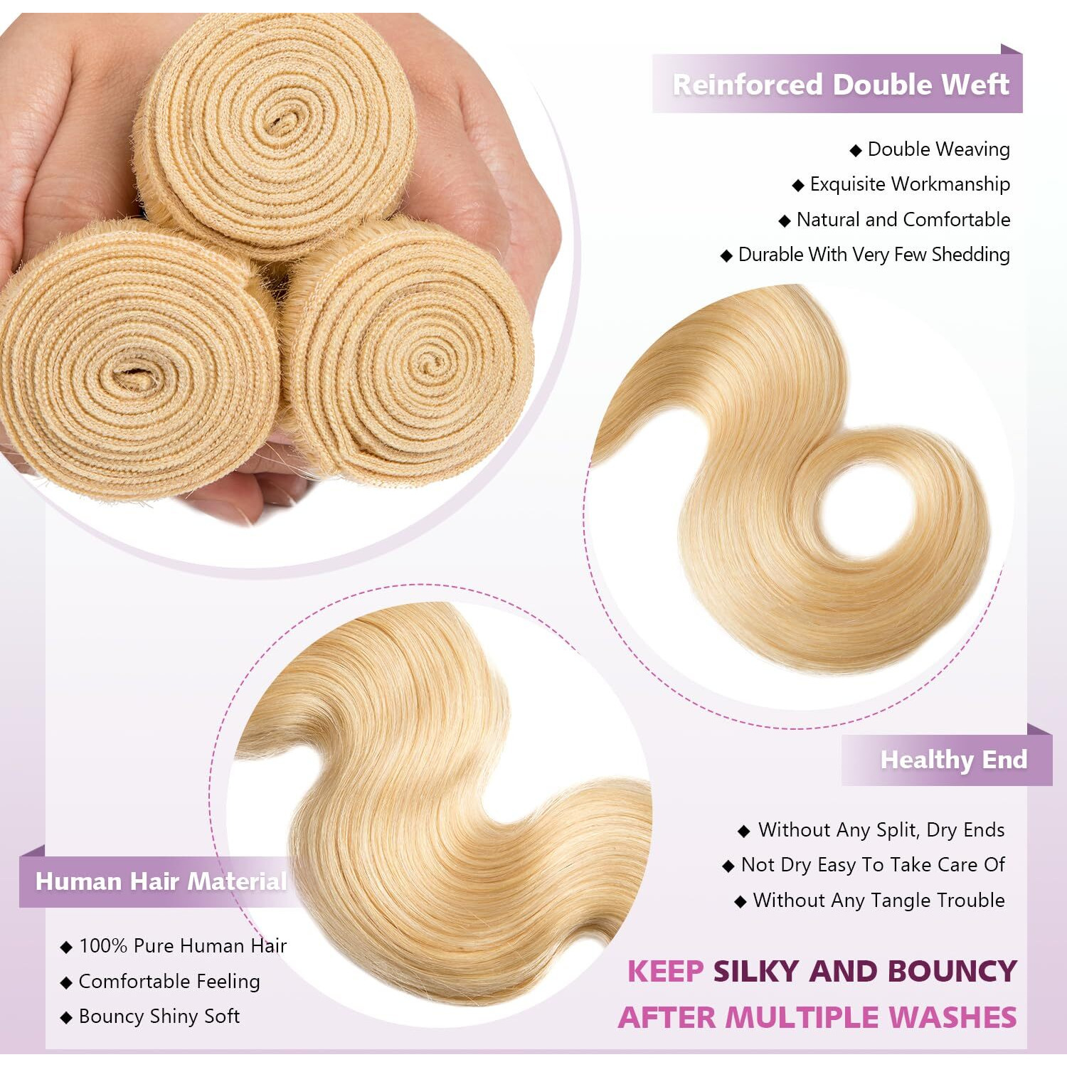 613 Bundles Human Hair Body Wave 18 20 22 Inch Blonde Human Hair 3 Bundles 12A Grade 100% Unprocessed Brazilian Virgin Hair 613 Body Wave Bundle 300G Machine Double Weft