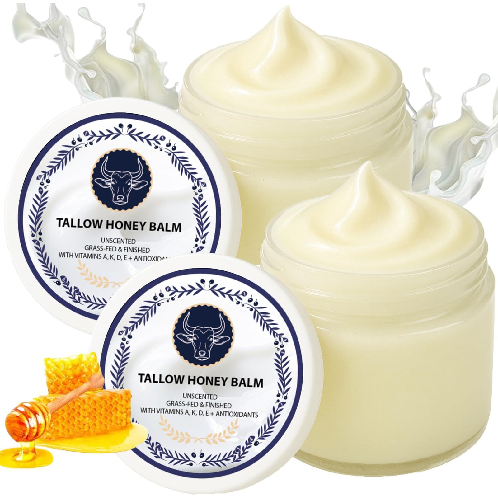 Zdiwond Grass Fed Tallow Honey Balm-Grass Fed Health Beef Tallow Manuka Honey Balm Face Korean, Organic Facial Cream, Natural Unscented Whipped Moisture & Wrinkle For Face & Body Skin Moisturizer (2)