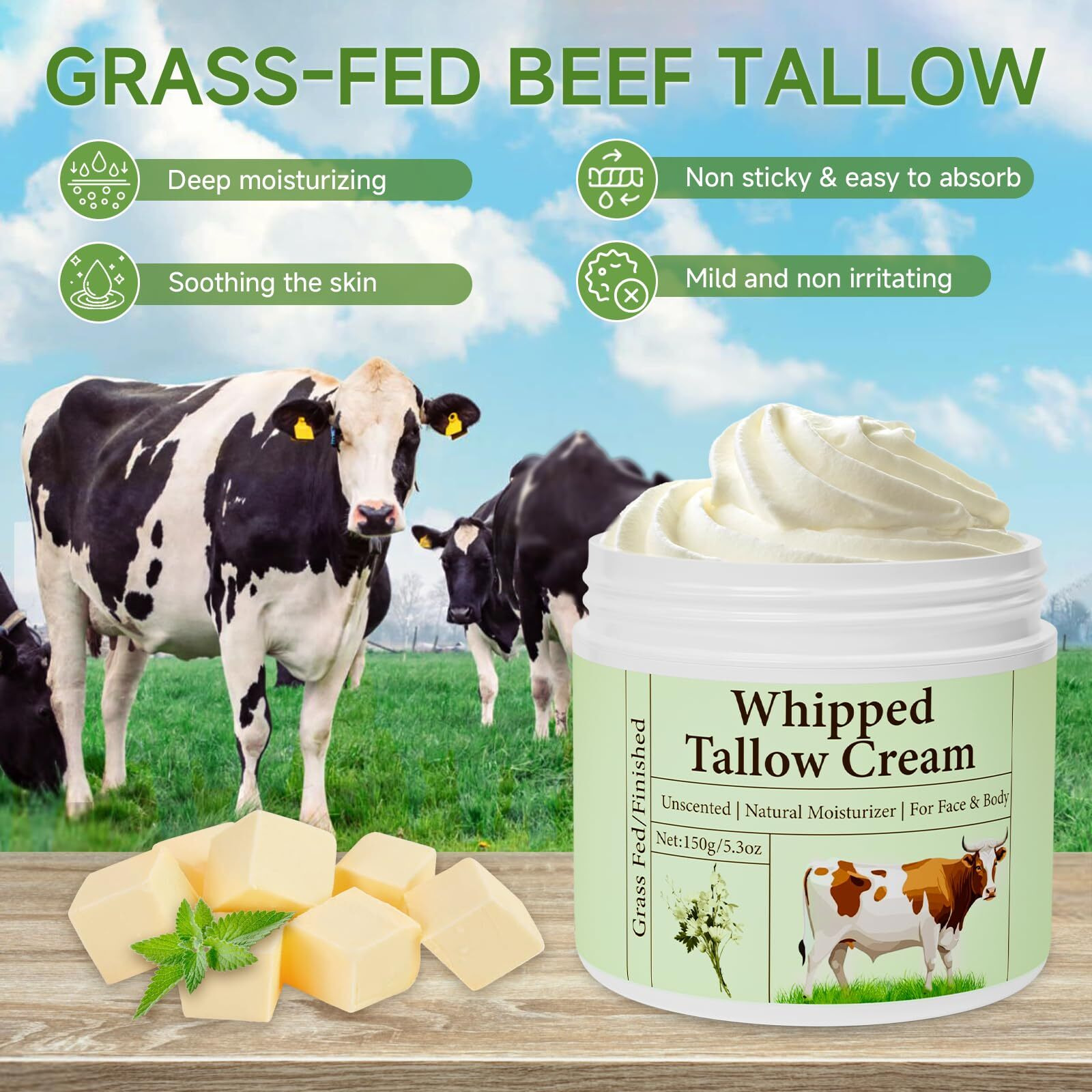 Pekinly Whipped Beef Tallow For Skin, Beef Tallow, Beef Tallow For Face, 2 Packs Unscented Grass Fed Whipped Tallow Face Moisturizer Nourishing Soothing Moisturizer For Body Lotion Skin Care, 5.3Oz