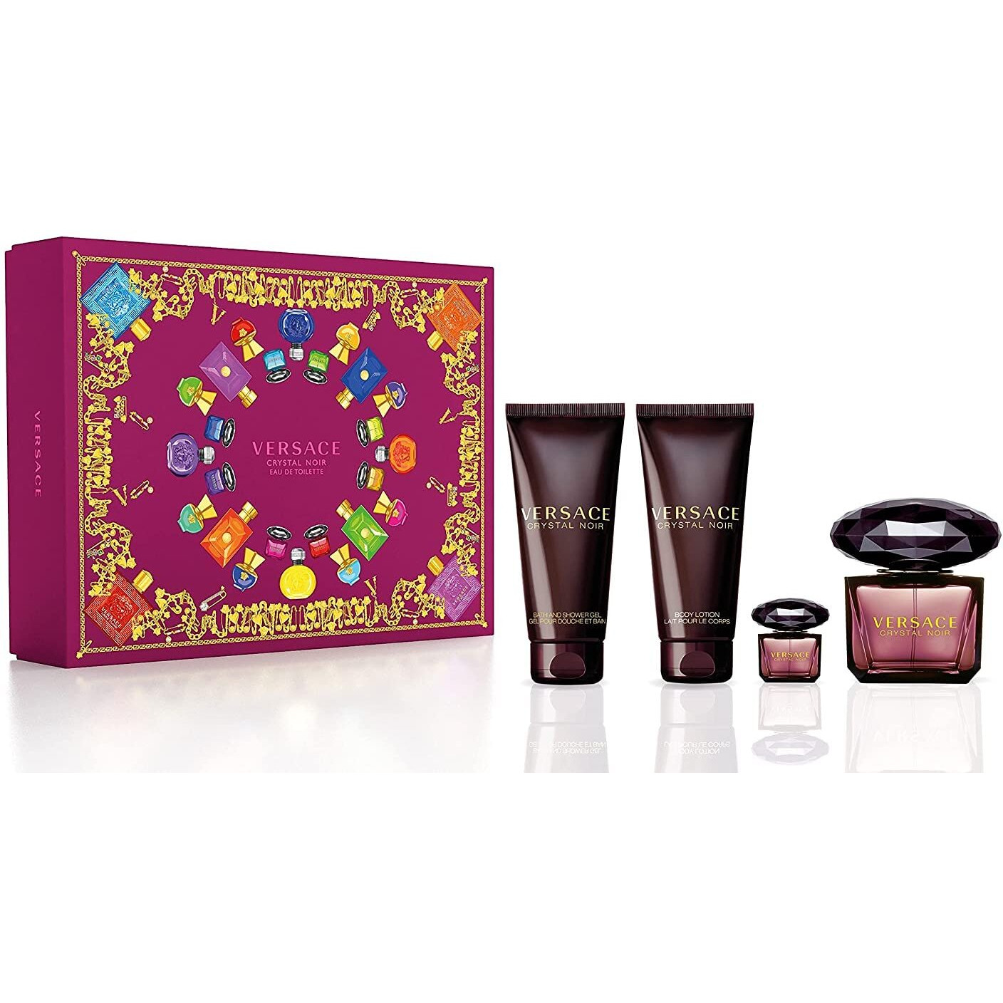 Versace Crystal Noir 4 Piece Gift Set For Women (3.0 Ounce Eau De Toilette Spray + 3.4 Ounce Body Lotion + 3.4 Ounce Shower Gel + 0.16 Ounce Eau De Parfum Spray)