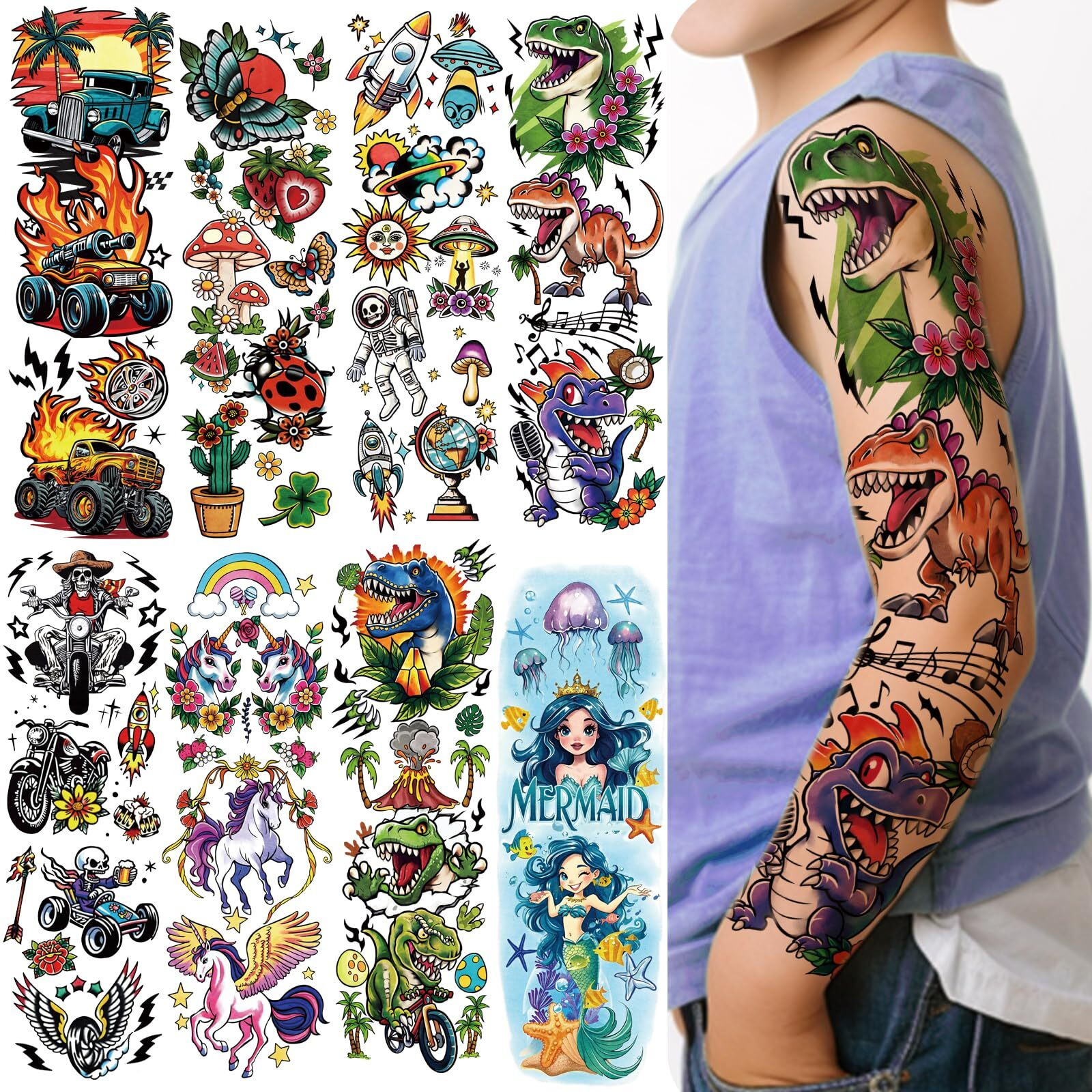 52 Pcs Temporary Tattoo For Kids Full Arm Mermaid Butterfly Cat Truck Dinosaur Rocket Planet Cute Animal Body Face Fake Arm Tattoos For Girls Boys Tiny Tattoo Stickers Birthday Gifts Party Supplies